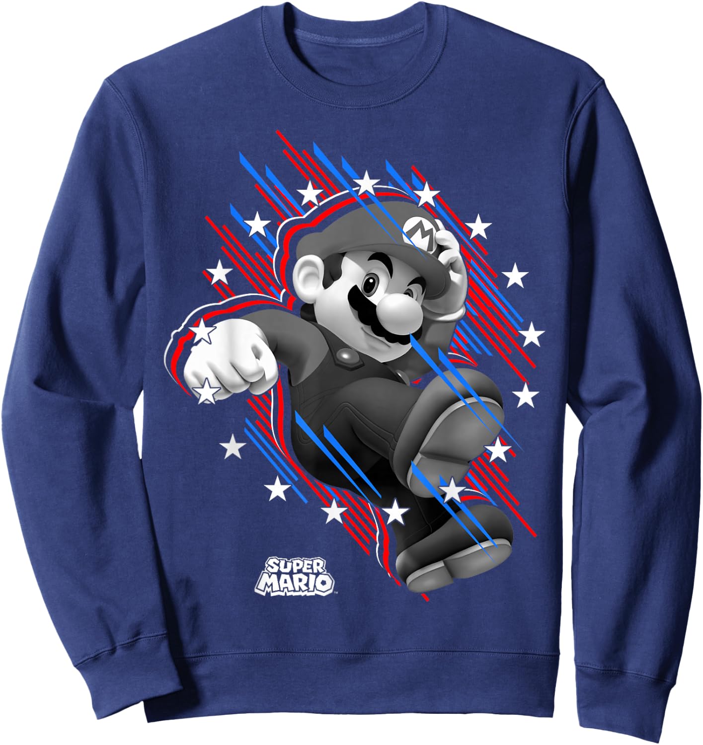 Super Mario Stars And Stripes Fast Mario Portrait Sweatshirt - Sweatshirt | Navy