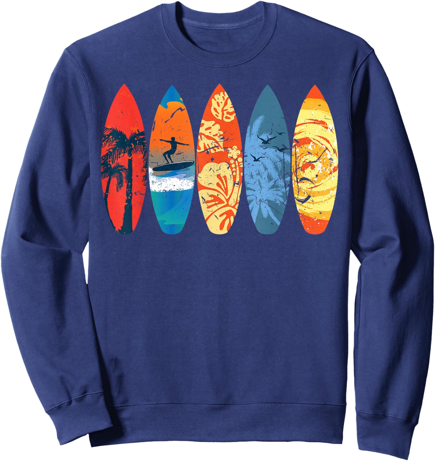 Surfing Surfer Palm Tree Surfboard Sunset Wave Sweatshirt - Sweatshirt | Navy