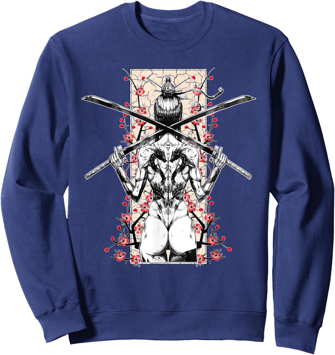 Japanese Samurai Girl and Vintage Sakura Cherry Blossom Gift Sweatshirt - Sweatshirt | Navy