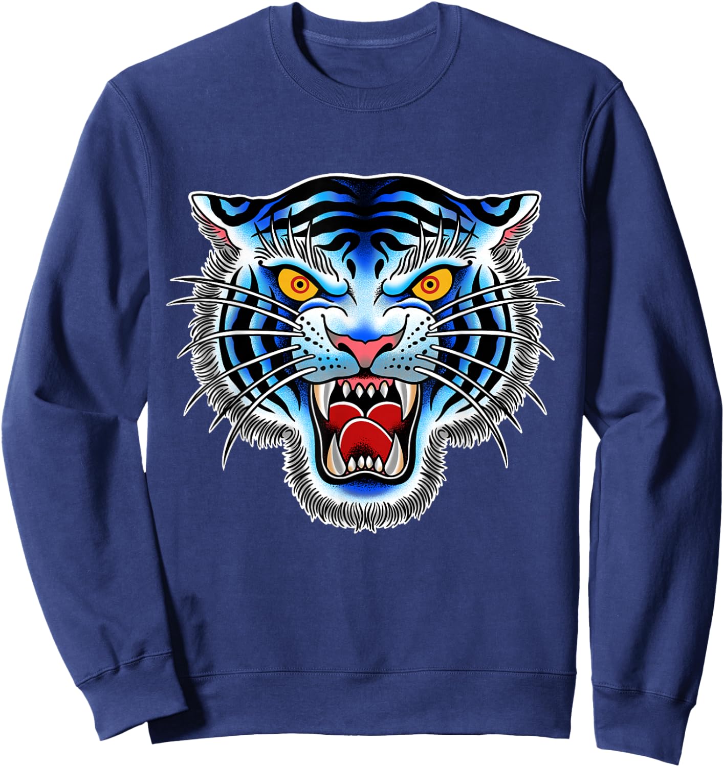 White Tiger Head Tattoo, Traditional Tattoo Graphic Sweatshirt - Sweatshirt | Navy