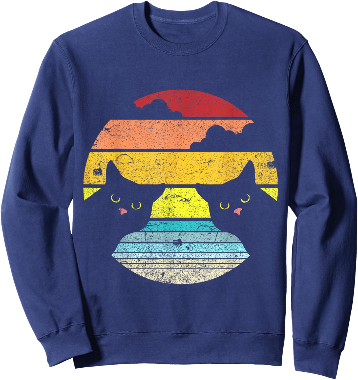 Two Cats Staring Vintage Sunset Retro Style Cat Sweatshirt - Sweatshirt | Navy