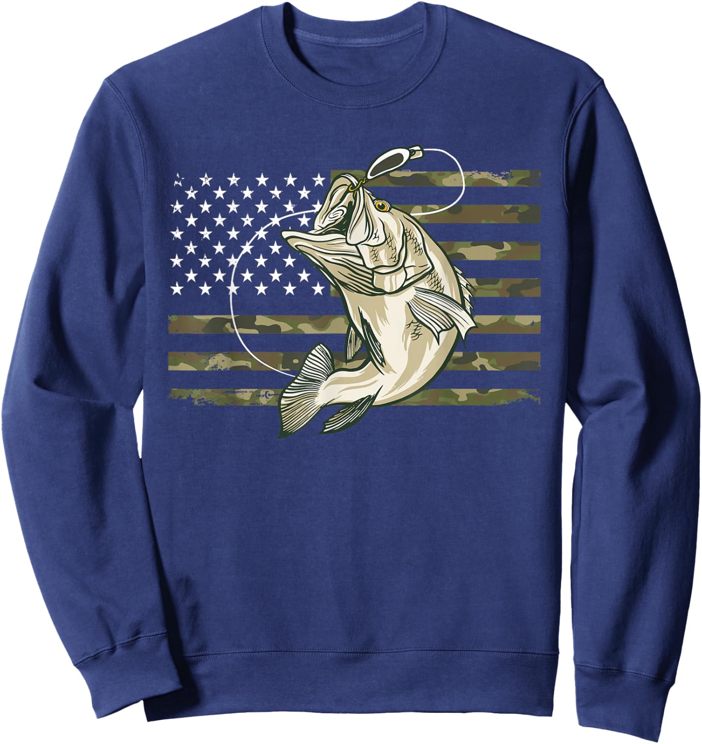 Fishing Camouflage US American Flag Bass Fish Fisherman Camo Sweatshirt - Sweatshirt | Navy