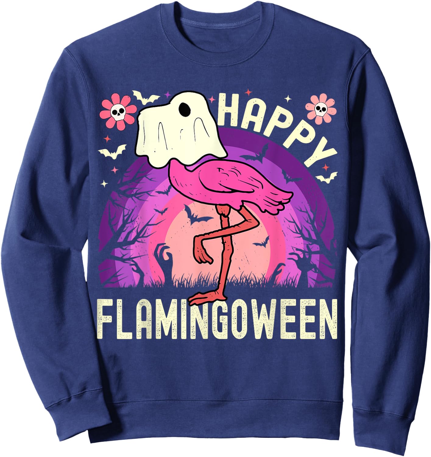 Happy Flamingoween Funny Flamingo Ghost Retro Halloween Sweatshirt - Sweatshirt | Navy