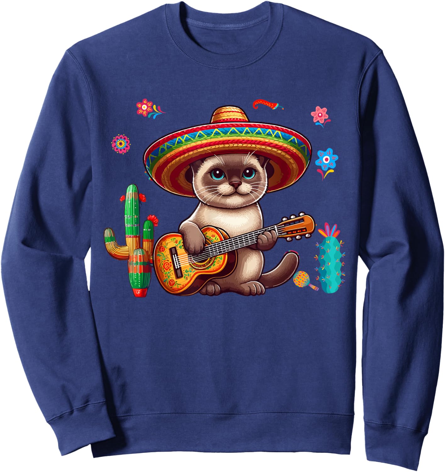 Siamese Cat Sombrero Mexican Guitar Cinco De Mayo Owner Men Women Kids Sweatshirt - Sweatshirt | Navy