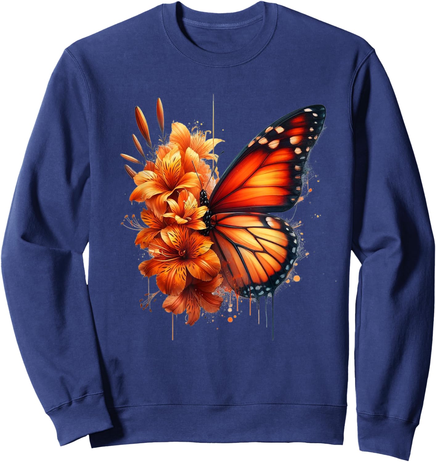 Butterfly Flowers Floral Vintage Tiger Lily Monarch Orange Sweatshirt - Sweatshirt | Navy