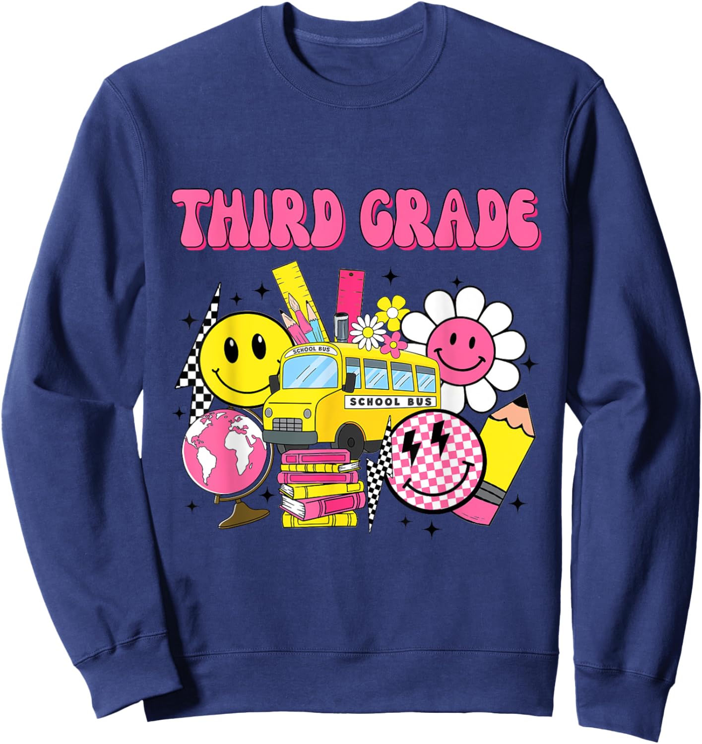 Retro Groovy Third Grade Checkered Back To School Teacher Sweatshirt - Sweatshirt | Navy