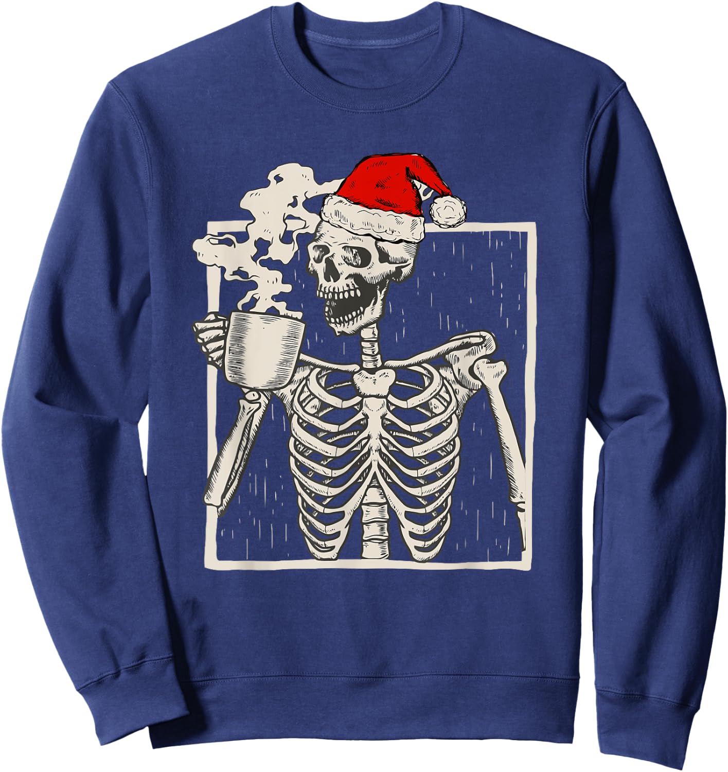 Christmas Skeleton With Smiling Skull Drinking Coffee Latte Sweatshirt - Sweatshirt | Navy