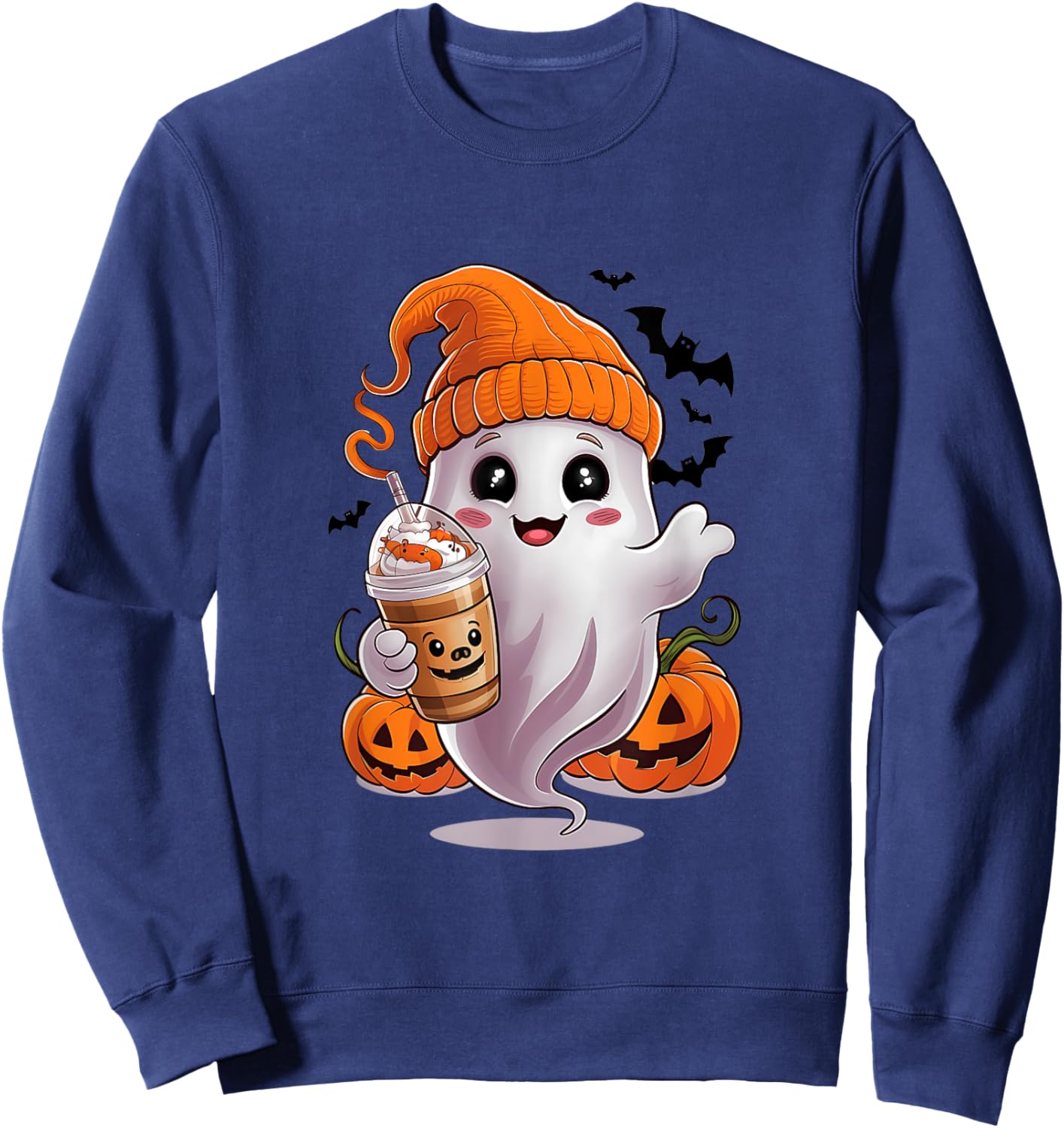 Cute Ghost Drinking Coffee Halloween Ghost Coffee Sweatshirt - Sweatshirt | Navy