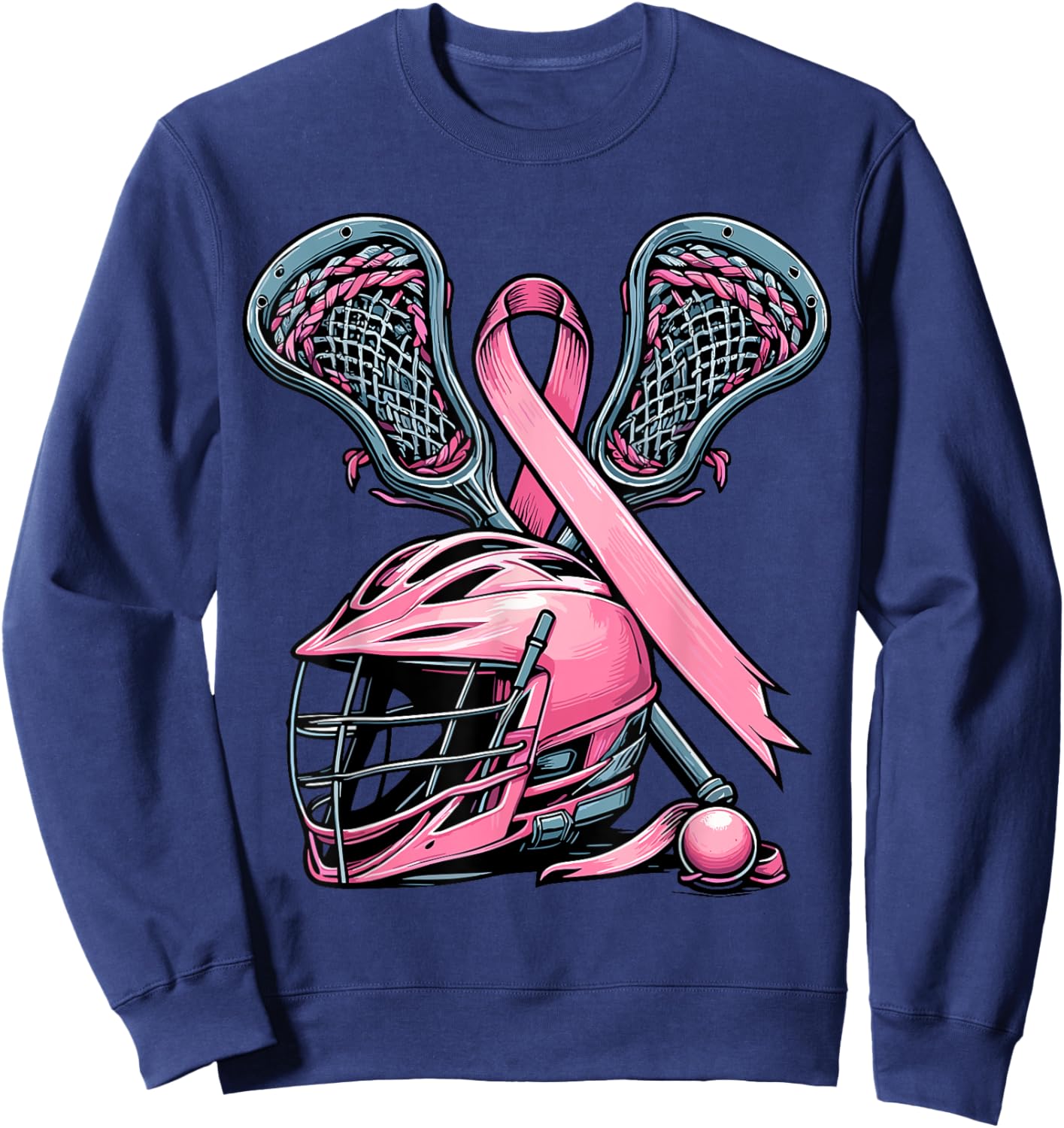 Lacrosse Pink Ribbon Breast Cancer Awareness Sport Lover Sweatshirt - Sweatshirt | Navy