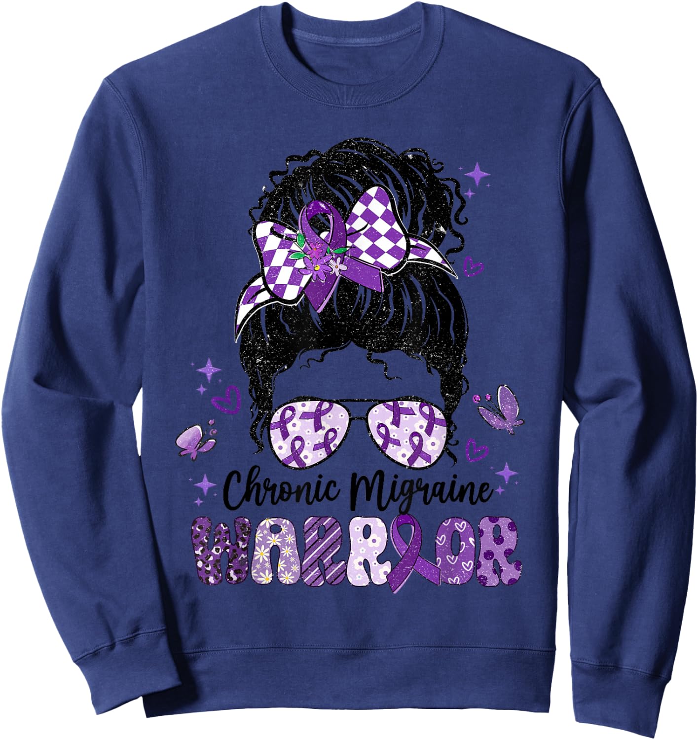 Warrior Messy Bun Red Purple Ribbon Chronic Migraine Sweatshirt - Sweatshirt | Navy