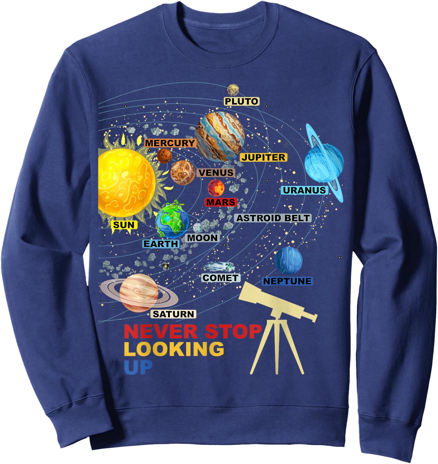 Solar System Planets - Never Stop Looking Up - Astronomy Sweatshirt - Sweatshirt | Navy