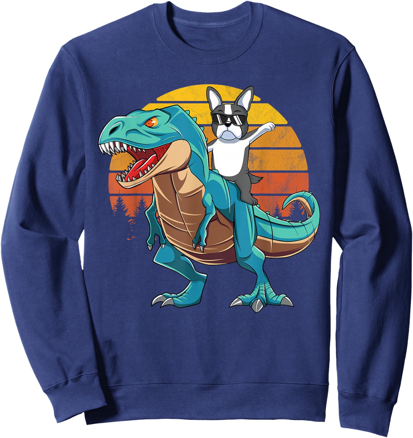 Boston Terrier Dog Riding Dinosaur T Rex Boys Sweatshirt - Sweatshirt | Navy