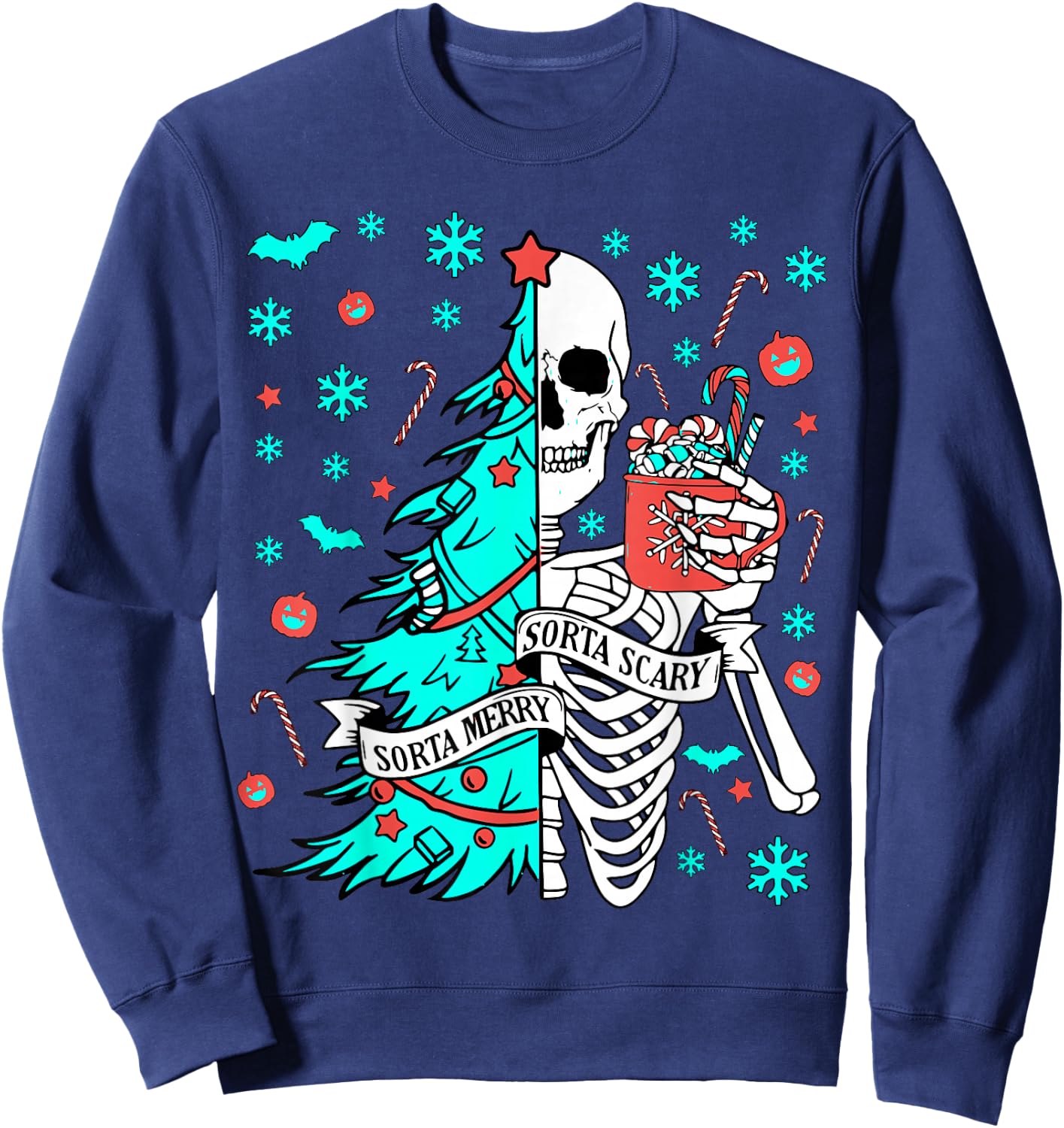 Sorta Merry Sorta Scary Funny Christmas Skeleton Tree Santa Sweatshirt - Sweatshirt | Navy