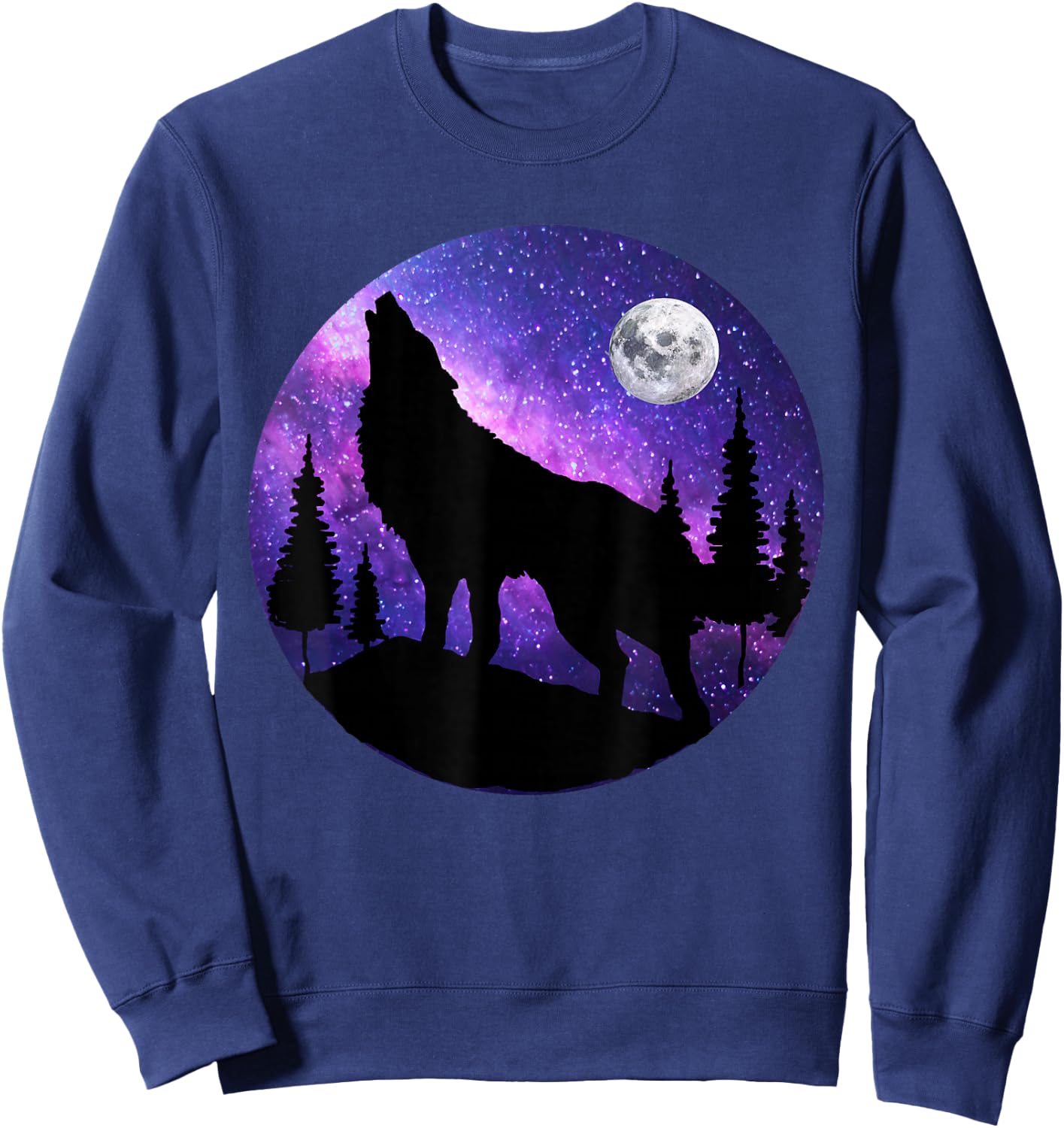 Howling Wolf Under The Full Moon With Purple Galaxy Sky Sweatshirt - Sweatshirt | Navy