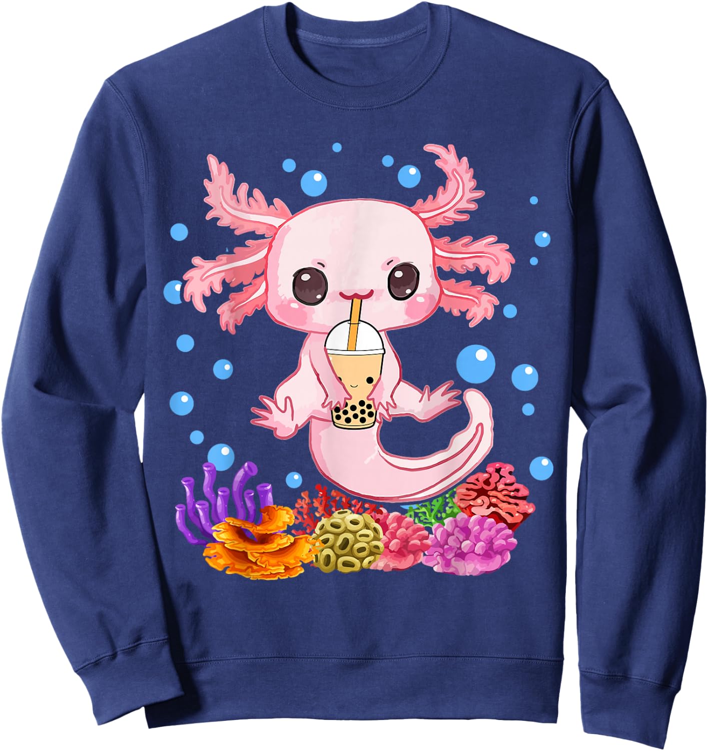 Axolotl Boba Tea Bobalotl Kids Teen Girl Cute Graphic Kawaii Sweatshirt - Sweatshirt | Navy