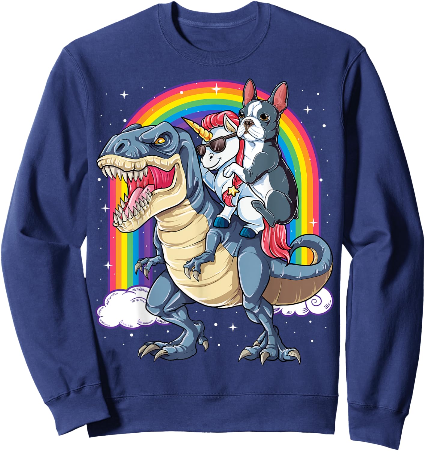 Boston Terrier Unicorn Riding Dinosaur T-rex Girls Rainbow Sweatshirt - Sweatshirt | Navy