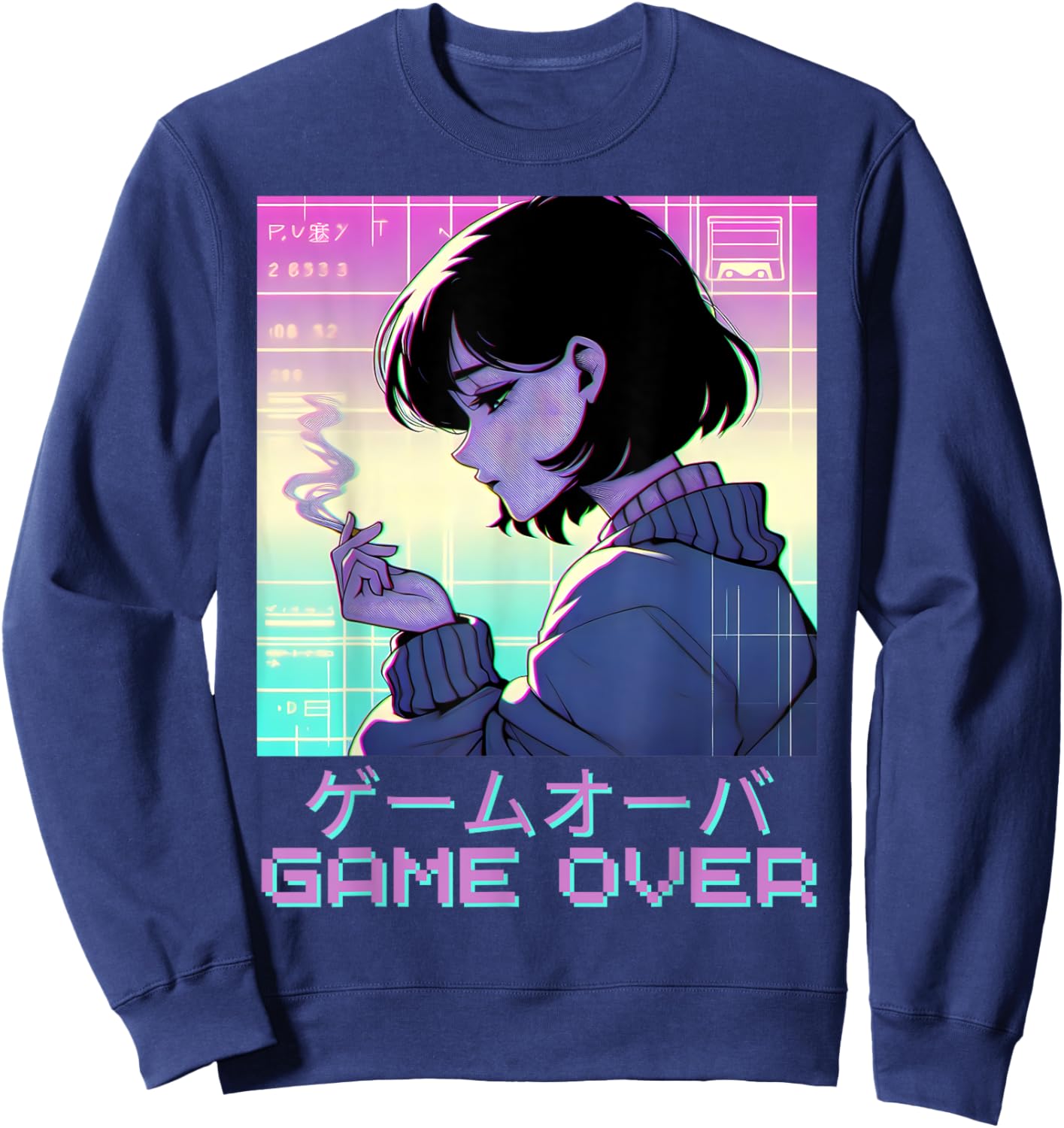 90s Japanese Sad Anime Girl Game Over Vaporwave Aesthetic Sweatshirt - Sweatshirt | Navy