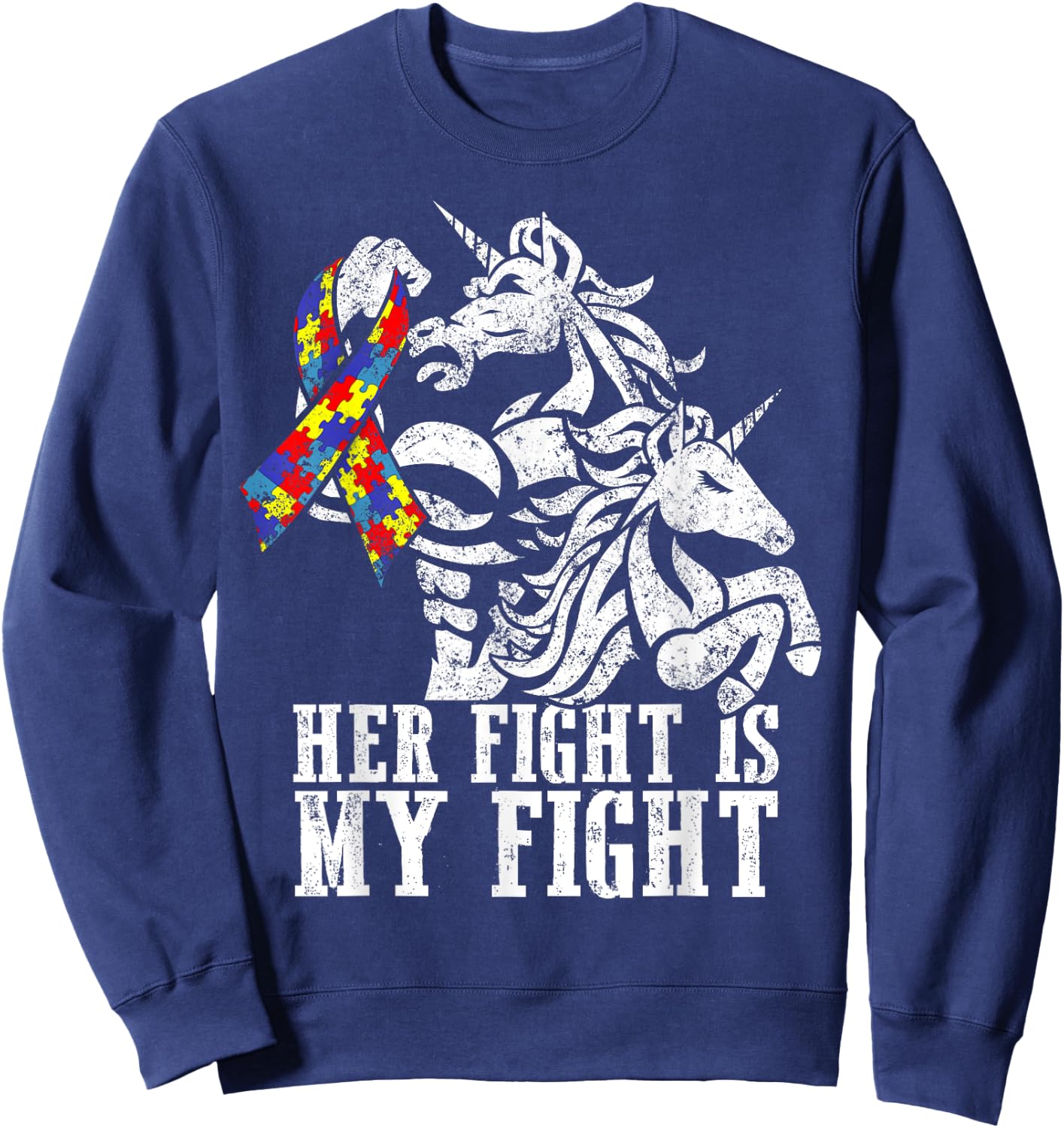 Her Fight is My Fight Autism Ribbon Unicorn Dad Daughter Sweatshirt - Sweatshirt | Navy