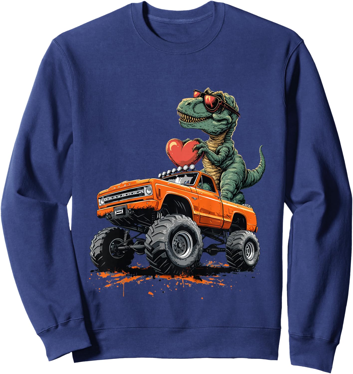 Kids Valentines Day T Rex Riding Monster Truck Funny Toddler Boys Sweatshirt - Sweatshirt | Navy