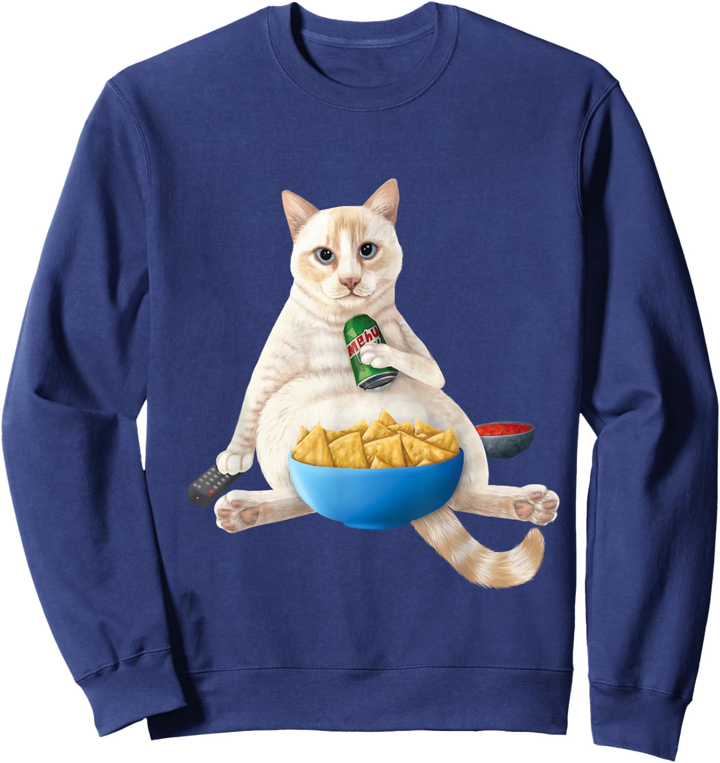 Flame point Siamese - white cat with a soda and snacks Sweatshirt - Sweatshirt | Navy