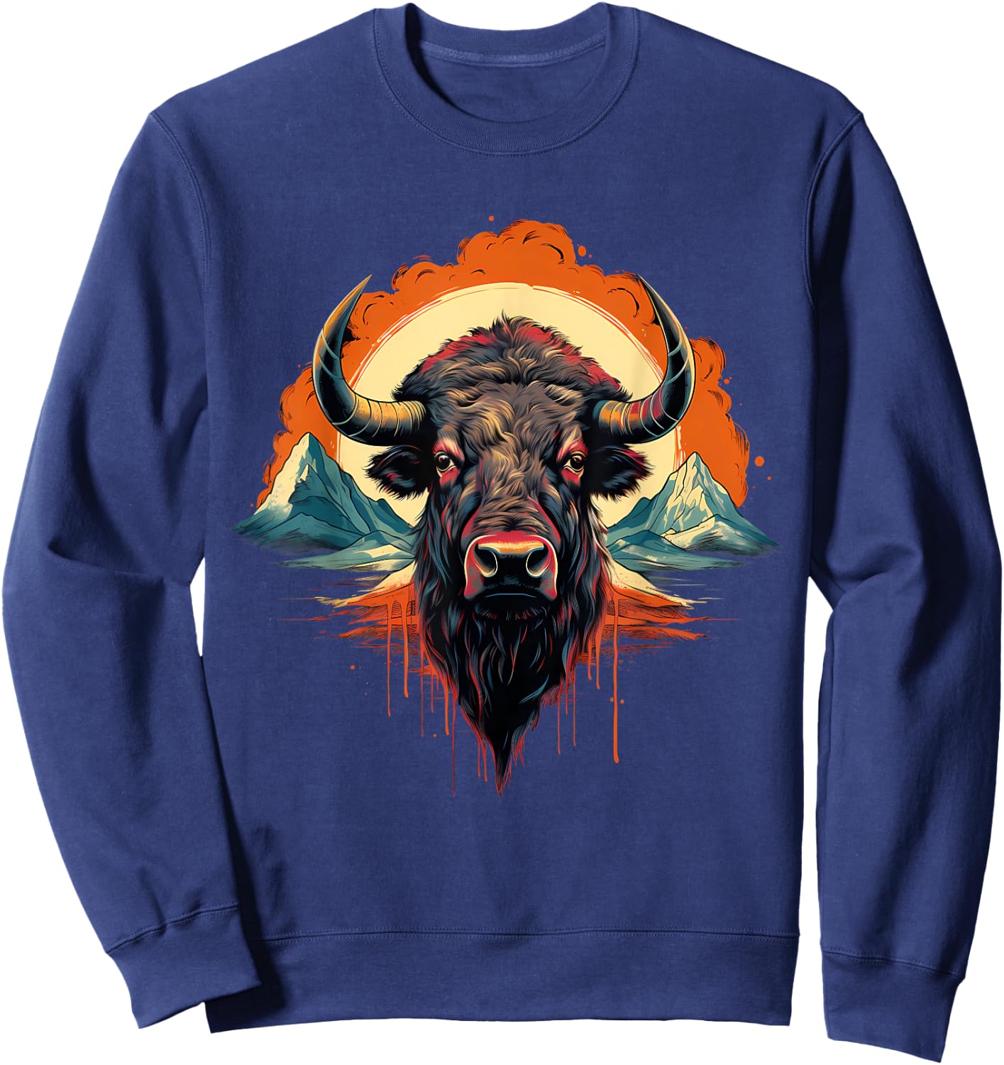 Buffalo Colorful Motif Artwork Wildlife Safari Nature Bison Sweatshirt - Sweatshirt | Navy