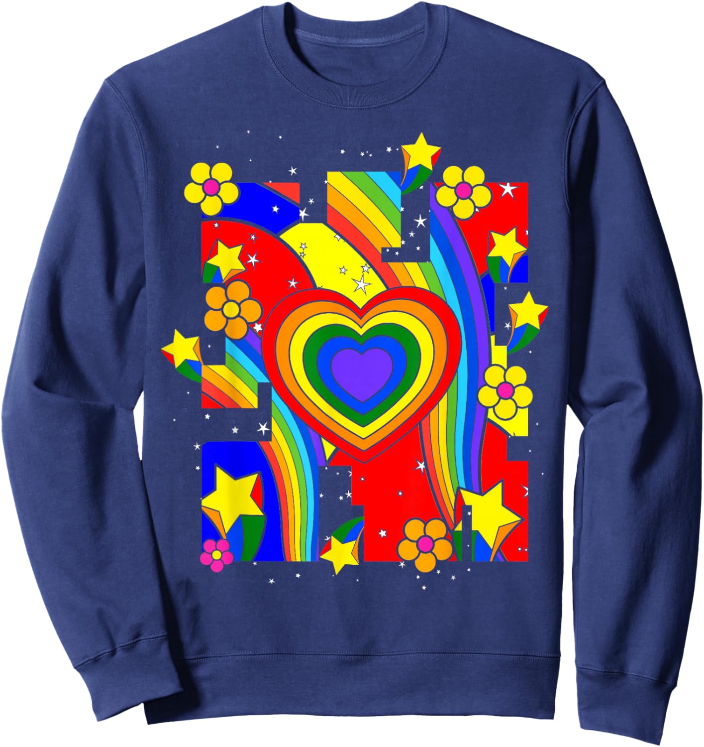 Kidcore Aesthetic Rainbow Heart Flowers Retro 80s 90s Groovy Sweatshirt - Sweatshirt | Navy
