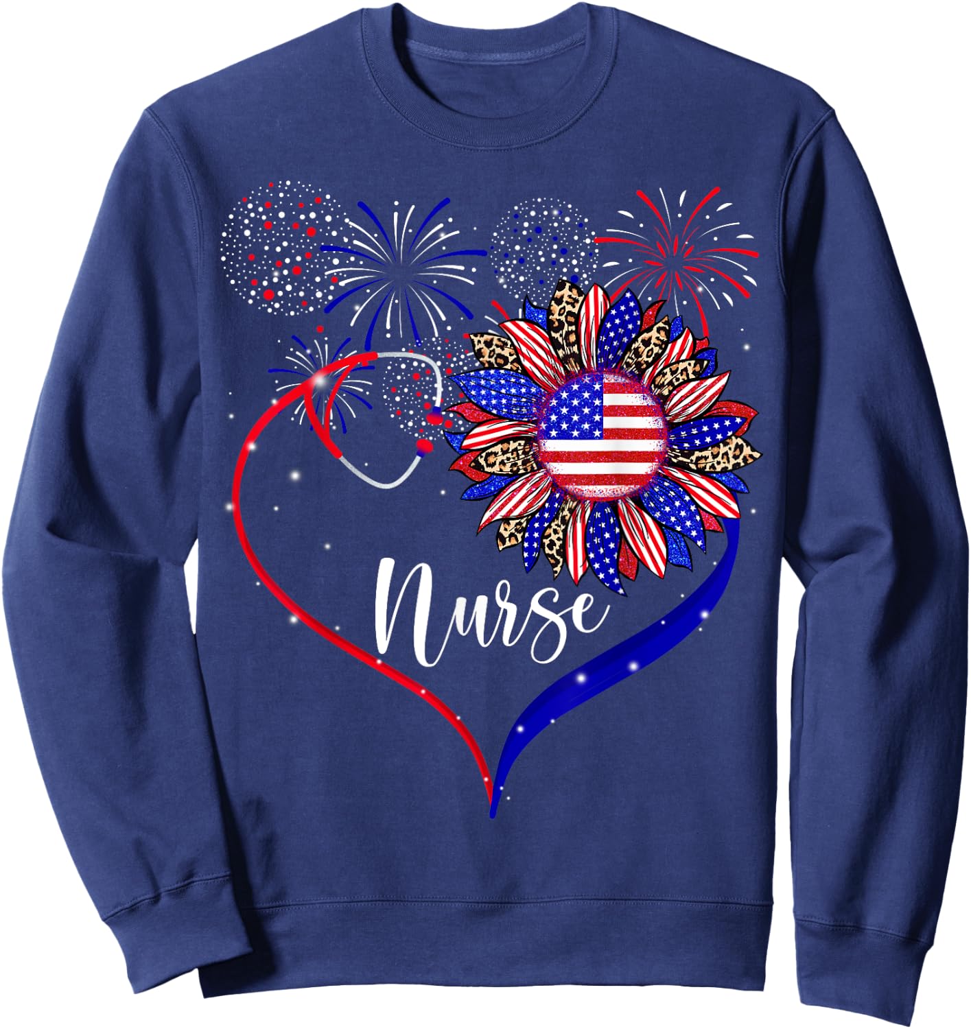 Patriotic Nurse 4th Of July American Flag Sunflower Love Sweatshirt - Sweatshirt | Navy