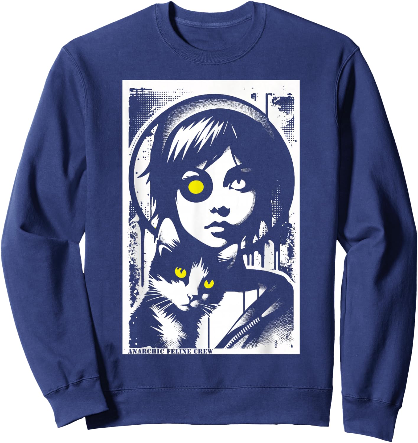Punk Girl and Cat Graffiti Grunge 90s Distressed Vintage Sweatshirt - Sweatshirt | Navy