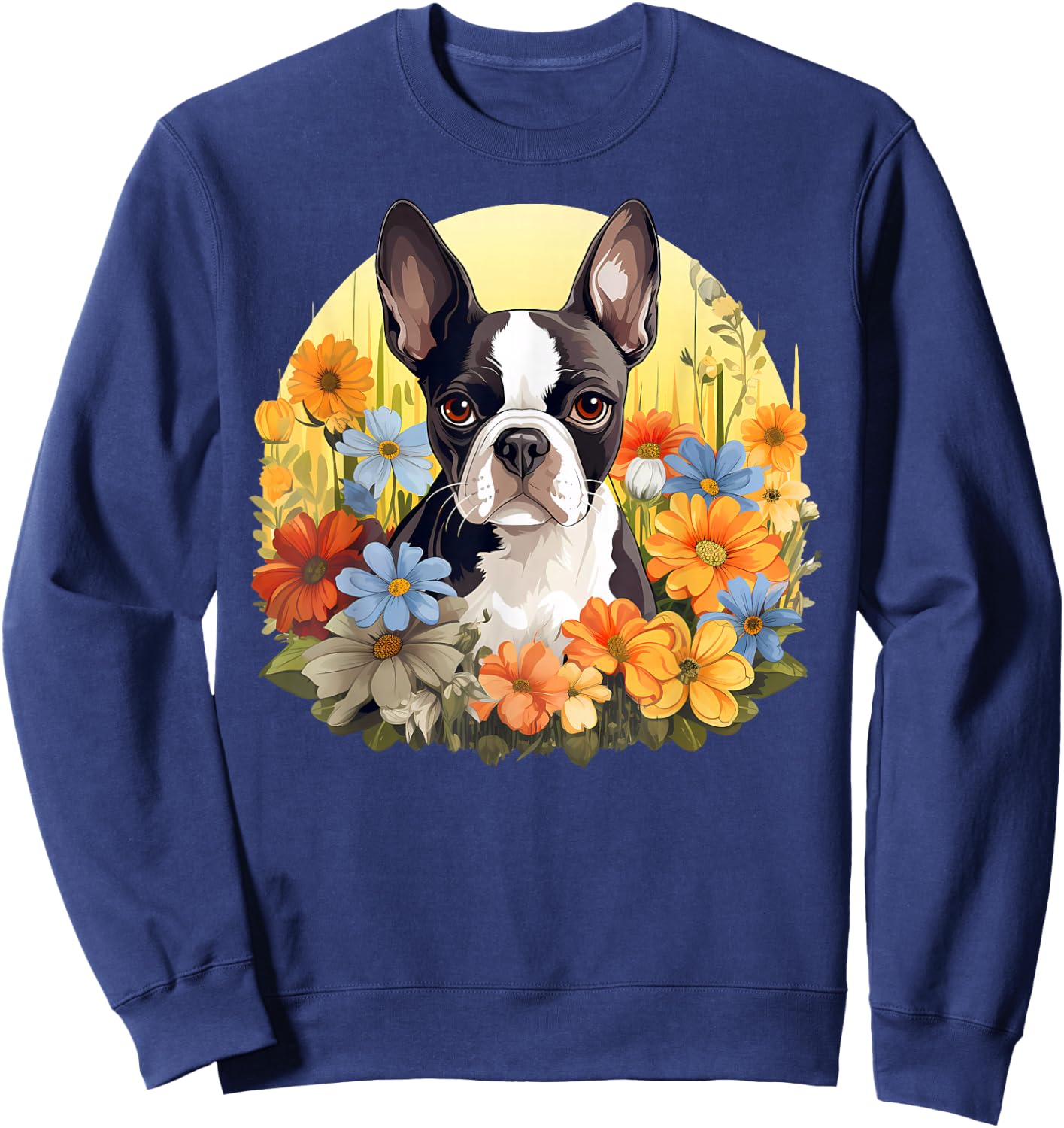 Cute Boston Terrier Spring Flower Garden Colorful Puppy Dog Sweatshirt - Sweatshirt | Navy