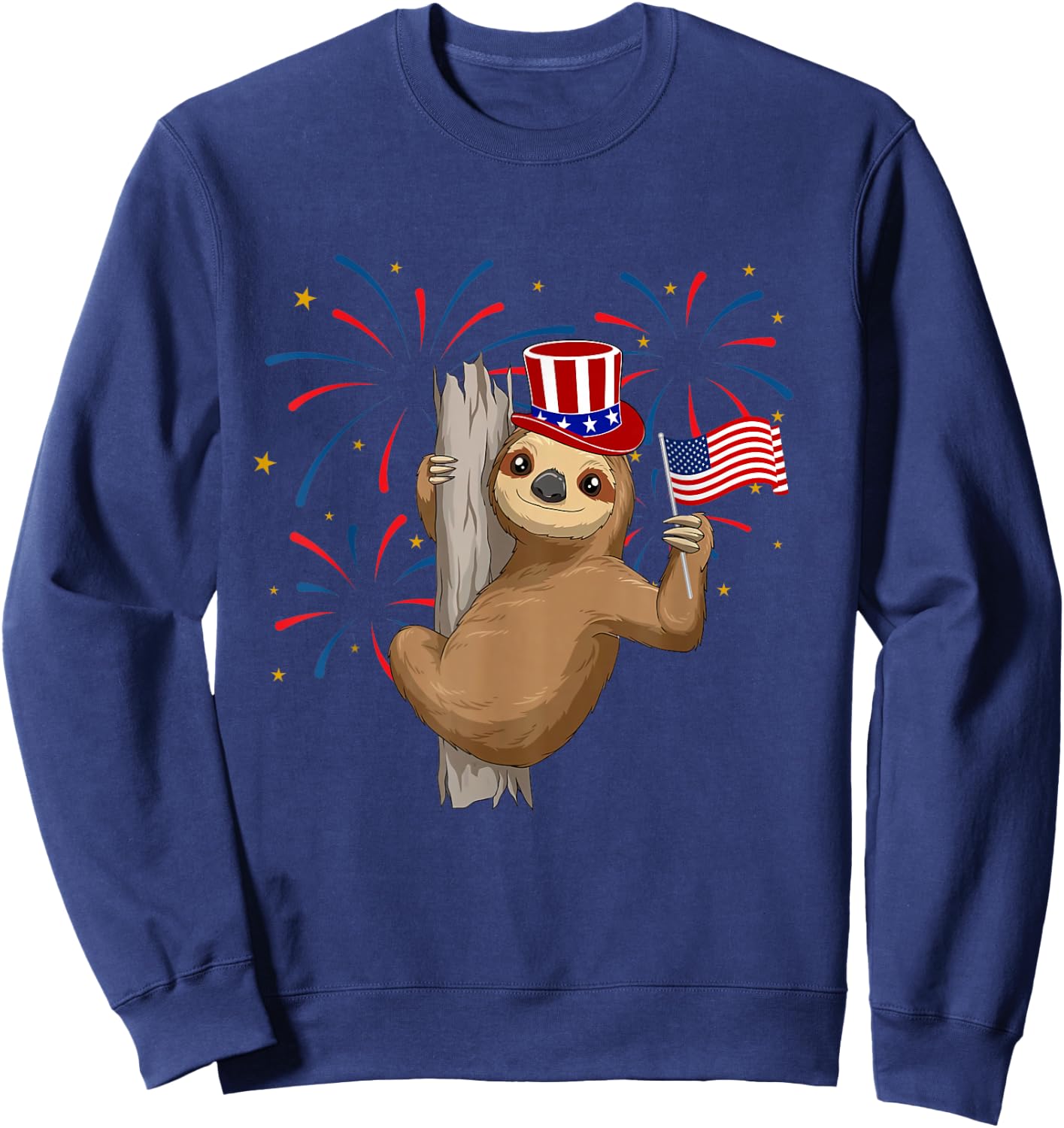 Funny 4th of July Sloth With American Flag Patriotic Sweatshirt - Sweatshirt | Navy