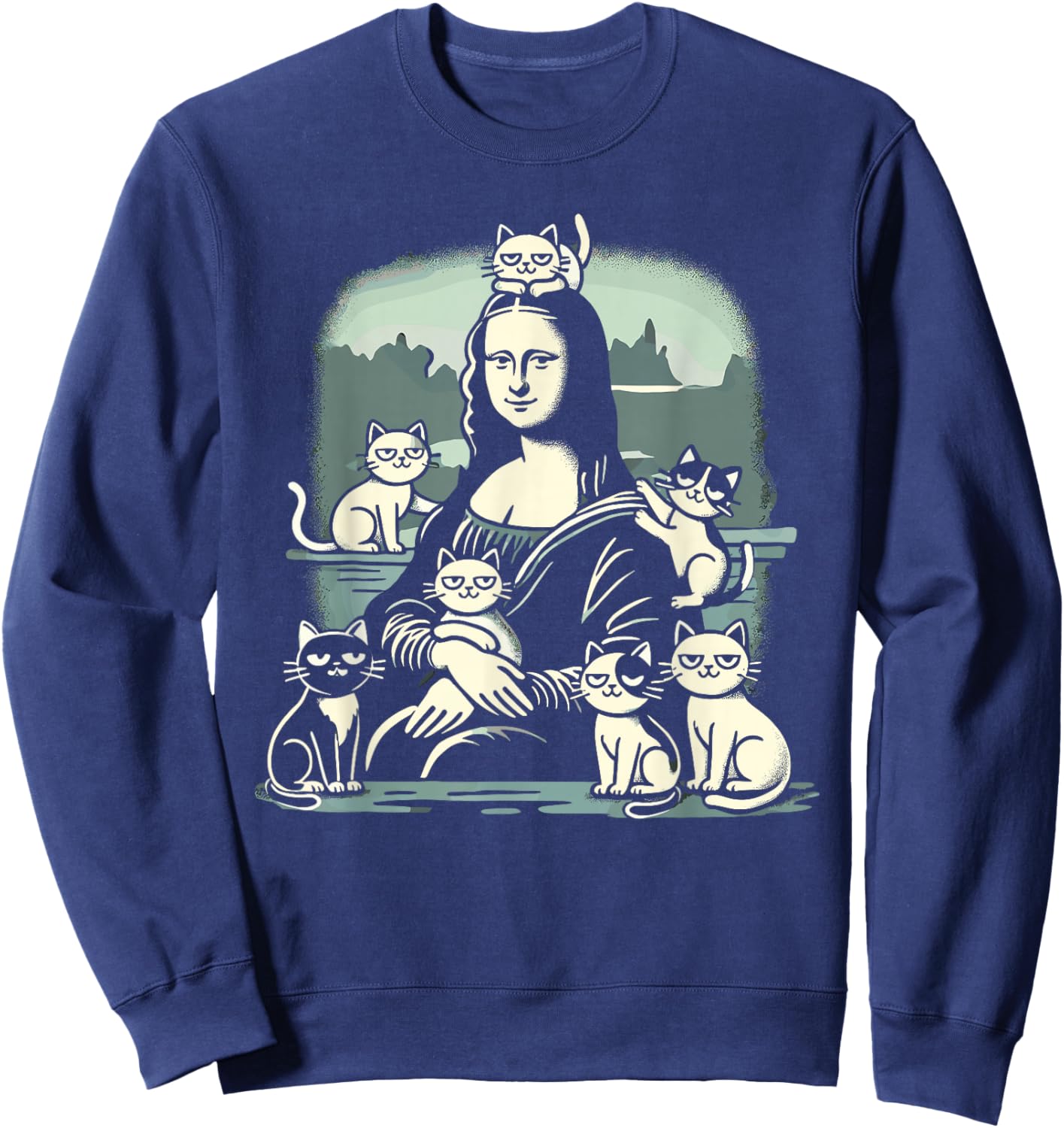 Retro Mona Lisa with Cats Novelty Men Women Kids Funny Cat Sweatshirt - Sweatshirt | Navy