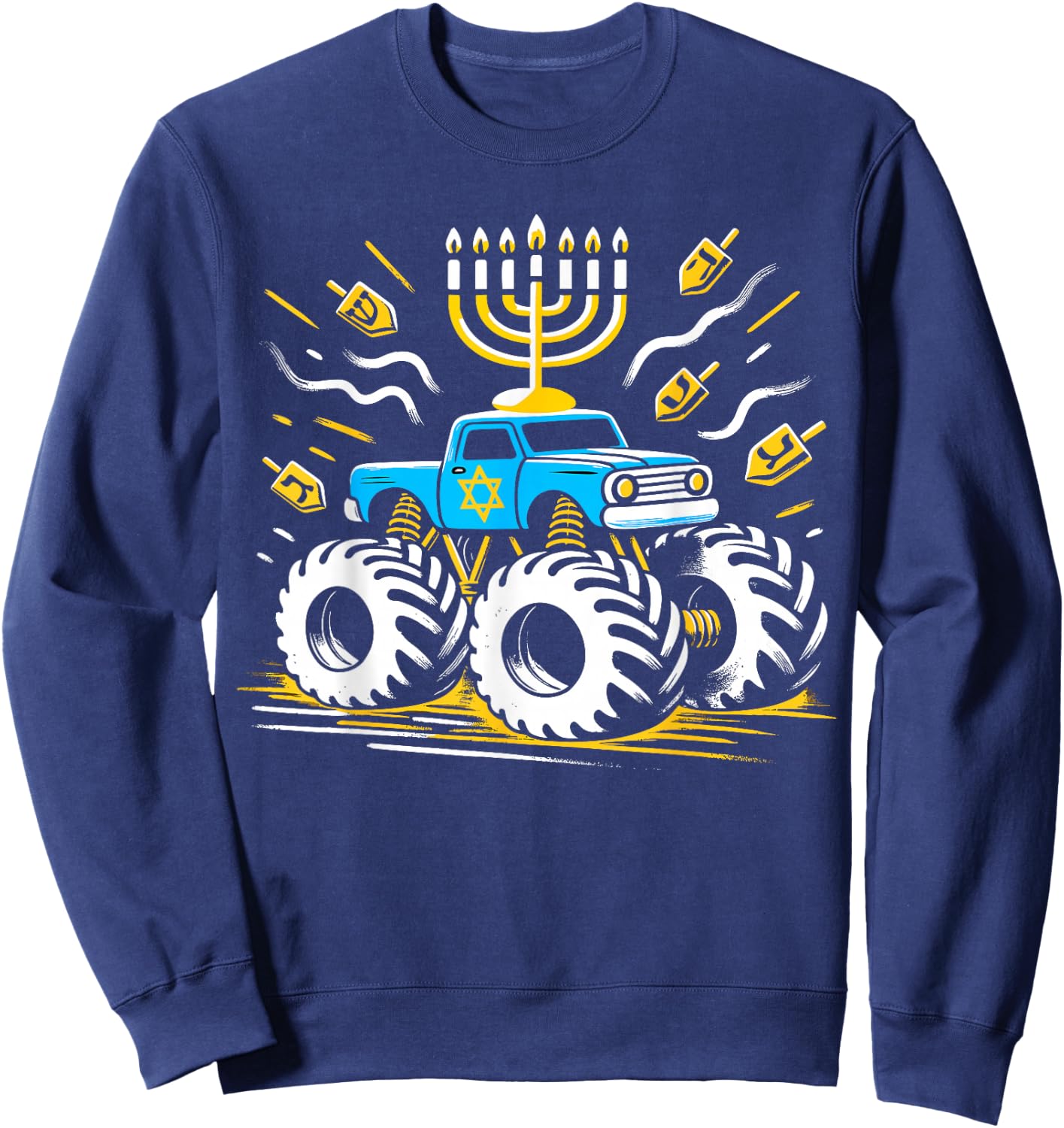 Monster Truck Menorah Dreidel Toddler Boys Hanukkah Sweatshirt - Sweatshirt | Navy