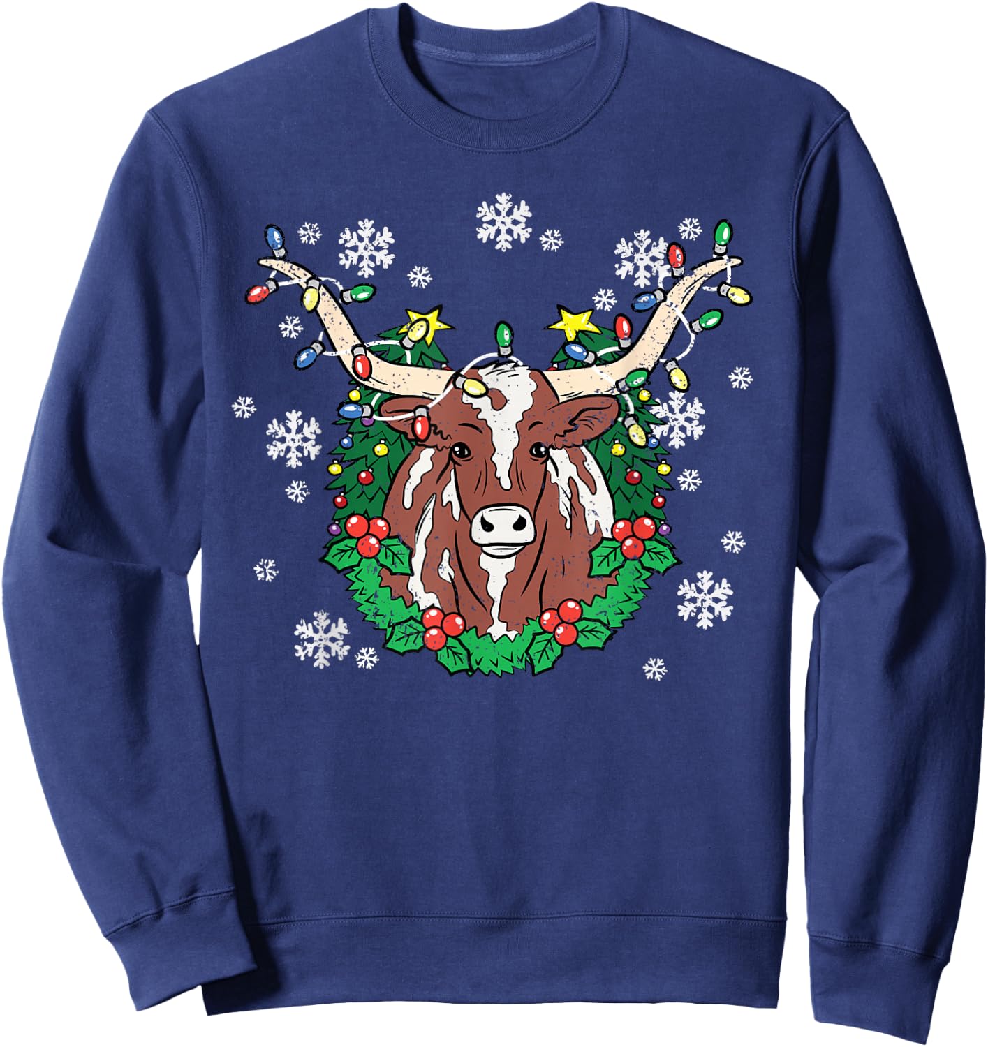 Texas Longhorn Christmas Pajama X-mas Lights Snowflakes Sweatshirt - Sweatshirt | Navy