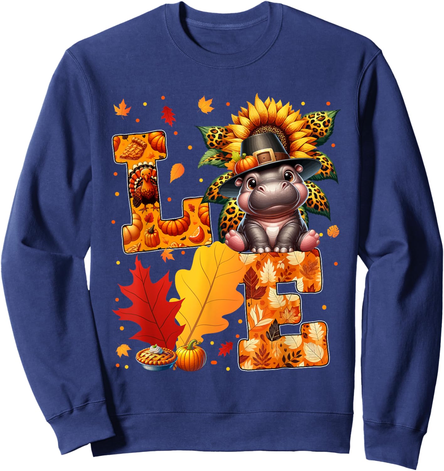 LOVE Thanksgiving Hippo Costume Fall Leaves Sunflower Sweatshirt - Sweatshirt | Navy