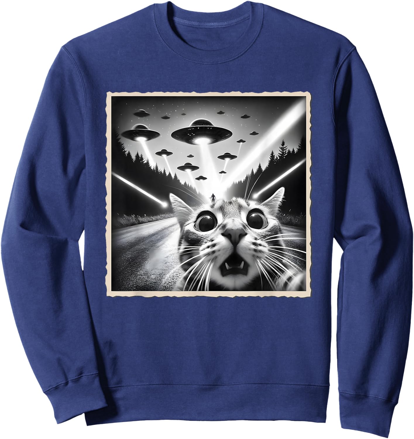 Cat Selfie With UFO | Funny Alien & Cat Sweatshirt - Sweatshirt | Navy