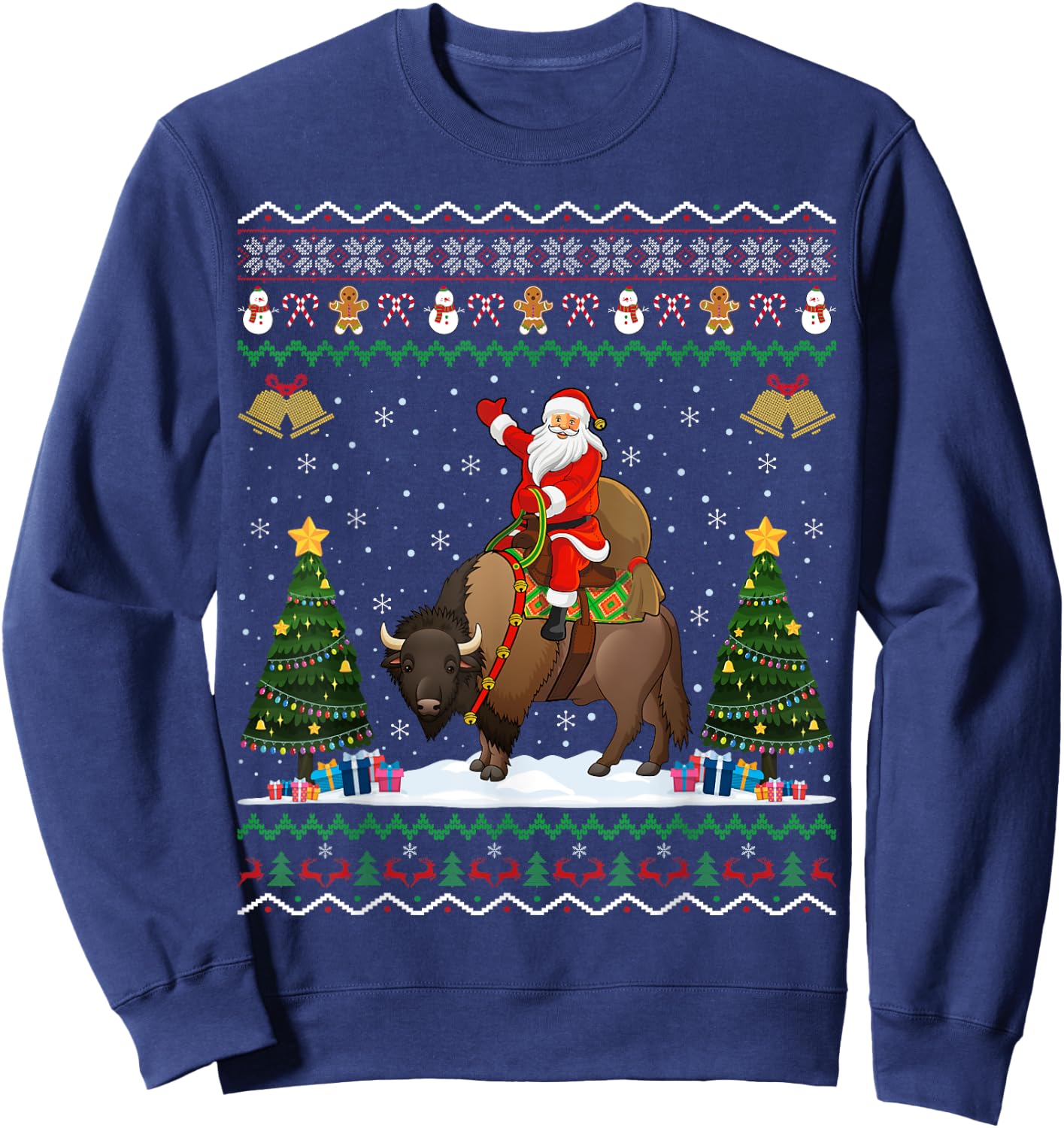 Bison Ugly Xmas Gift Santa Riding Bison Christmas Sweatshirt - Sweatshirt | Navy