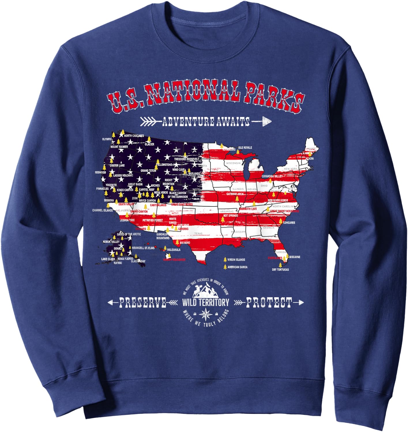 63 National Parks Map - Vintage American Flag Hiking Camping Sweatshirt - Sweatshirt | Navy