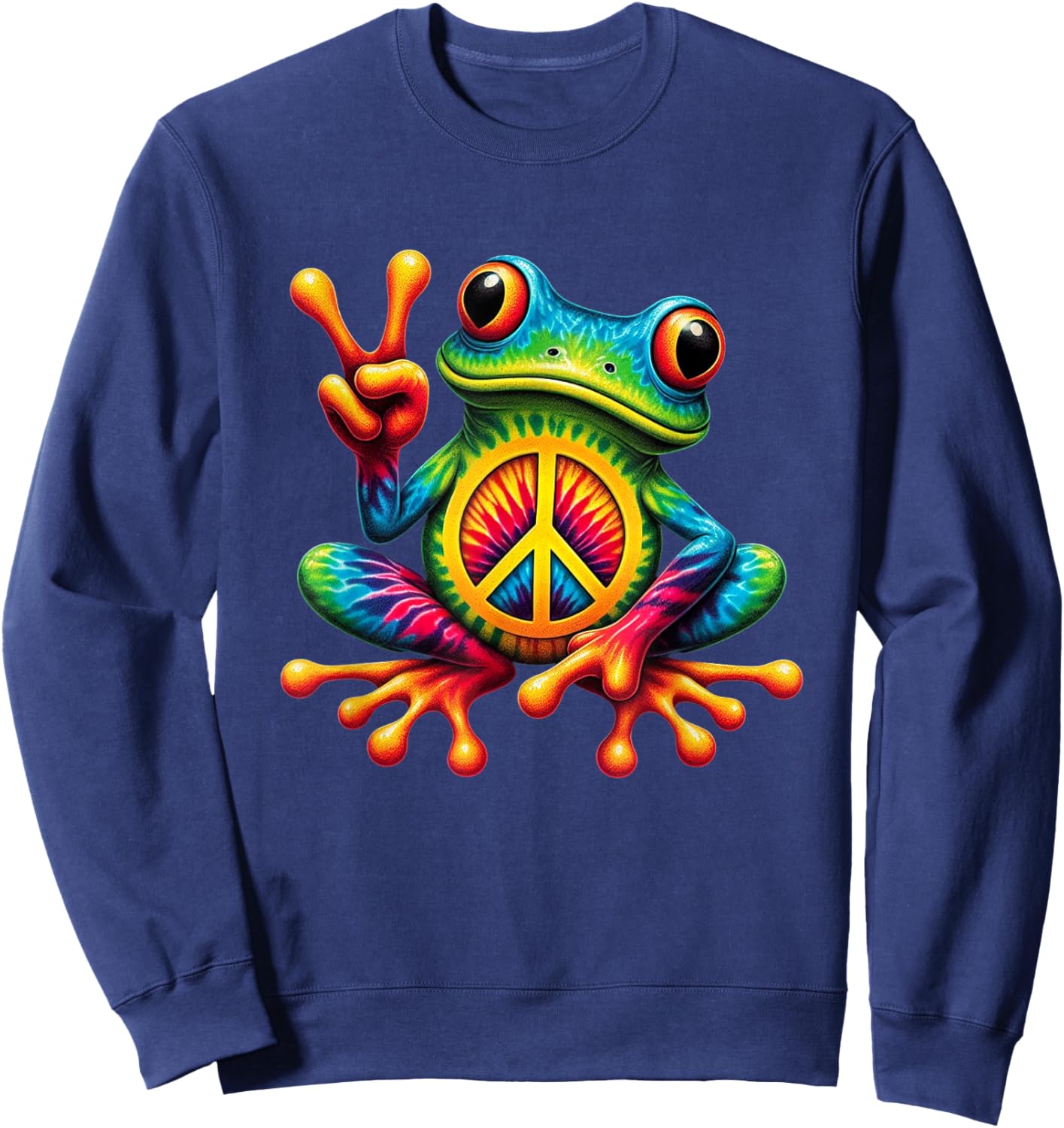 Tie-Dye Frog Holding Peace Sign Funny Hippie Sweatshirt - Sweatshirt | Navy