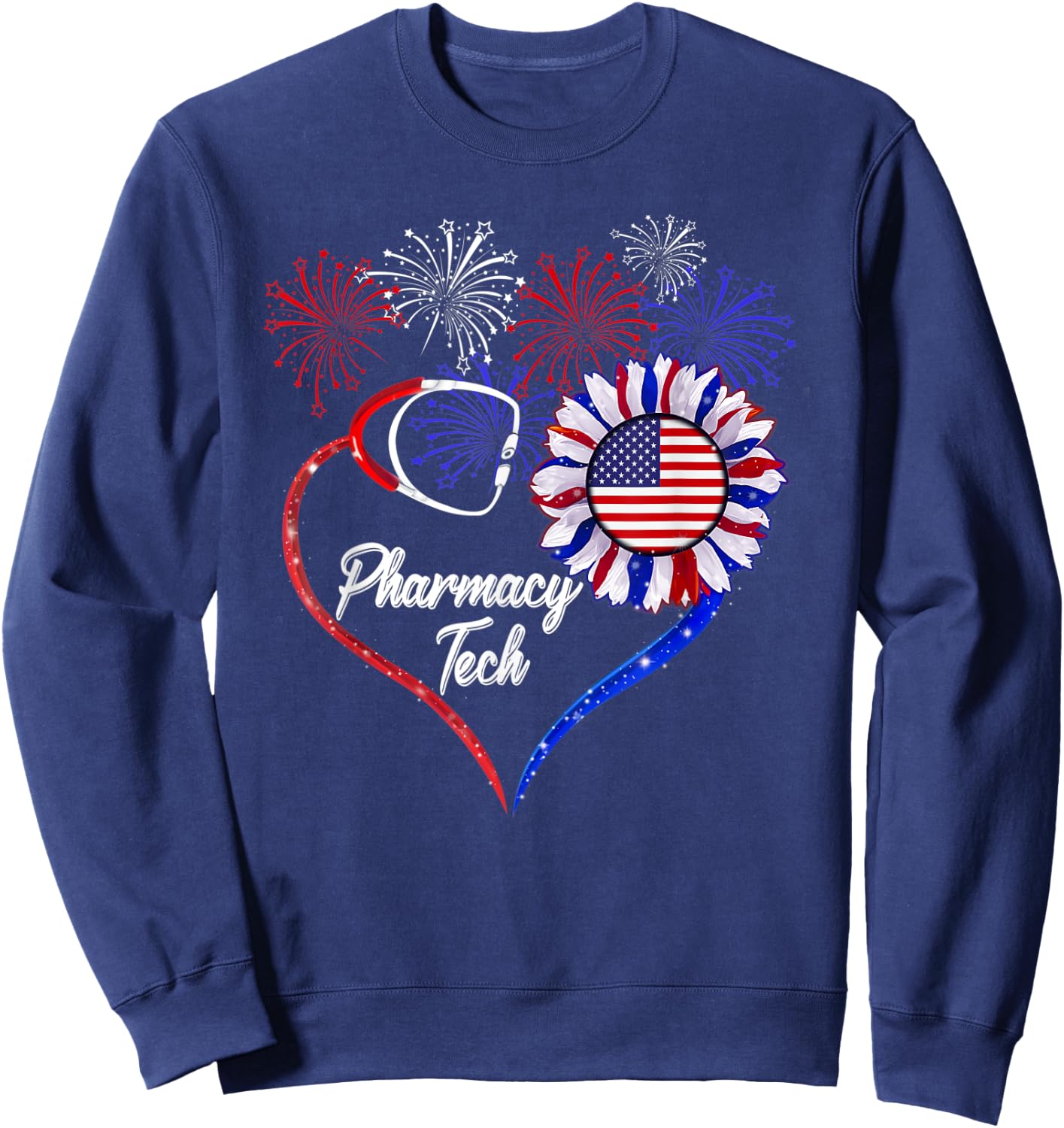 Patriotic Pharmacy Tech Sunflower 4th Of July American Flag Men Sweatshirt - Sweatshirt | Navy