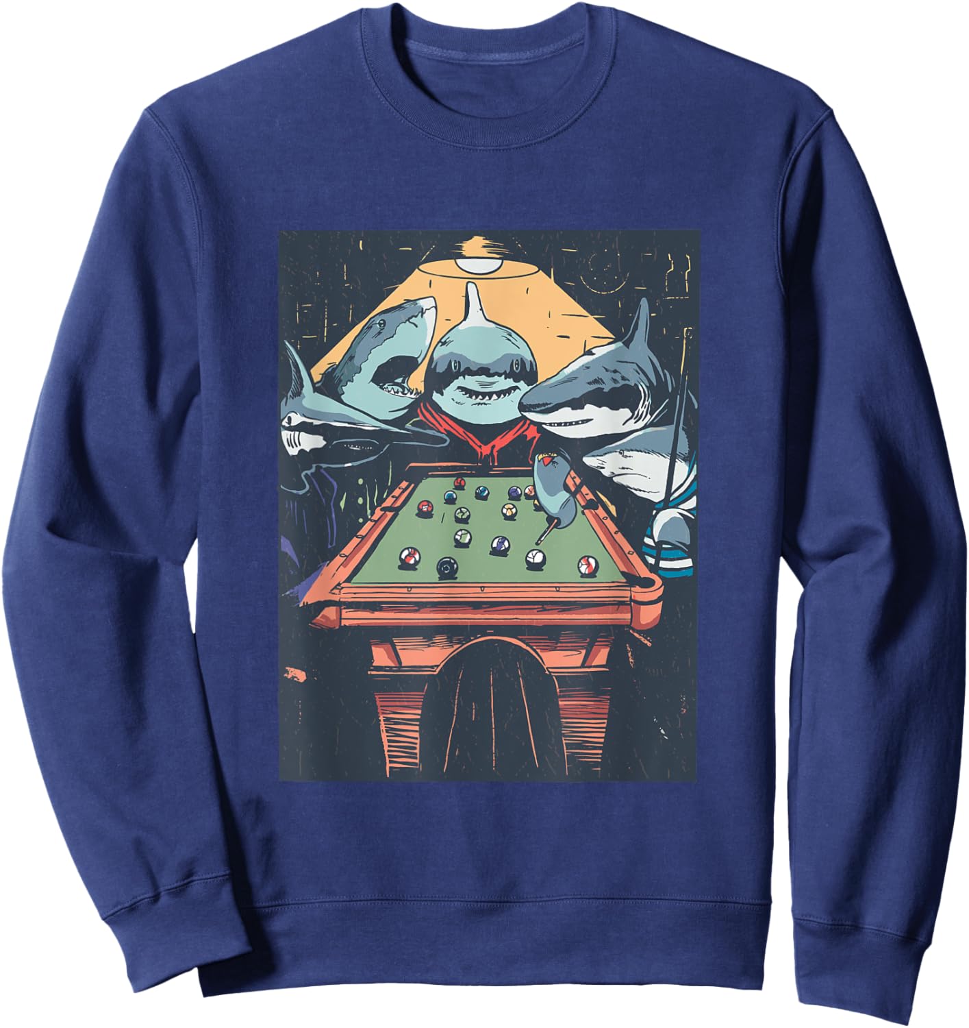 Sharks Playing Pool Billiard Funny Cartoon Animal Graphic Sweatshirt - Sweatshirt | Navy