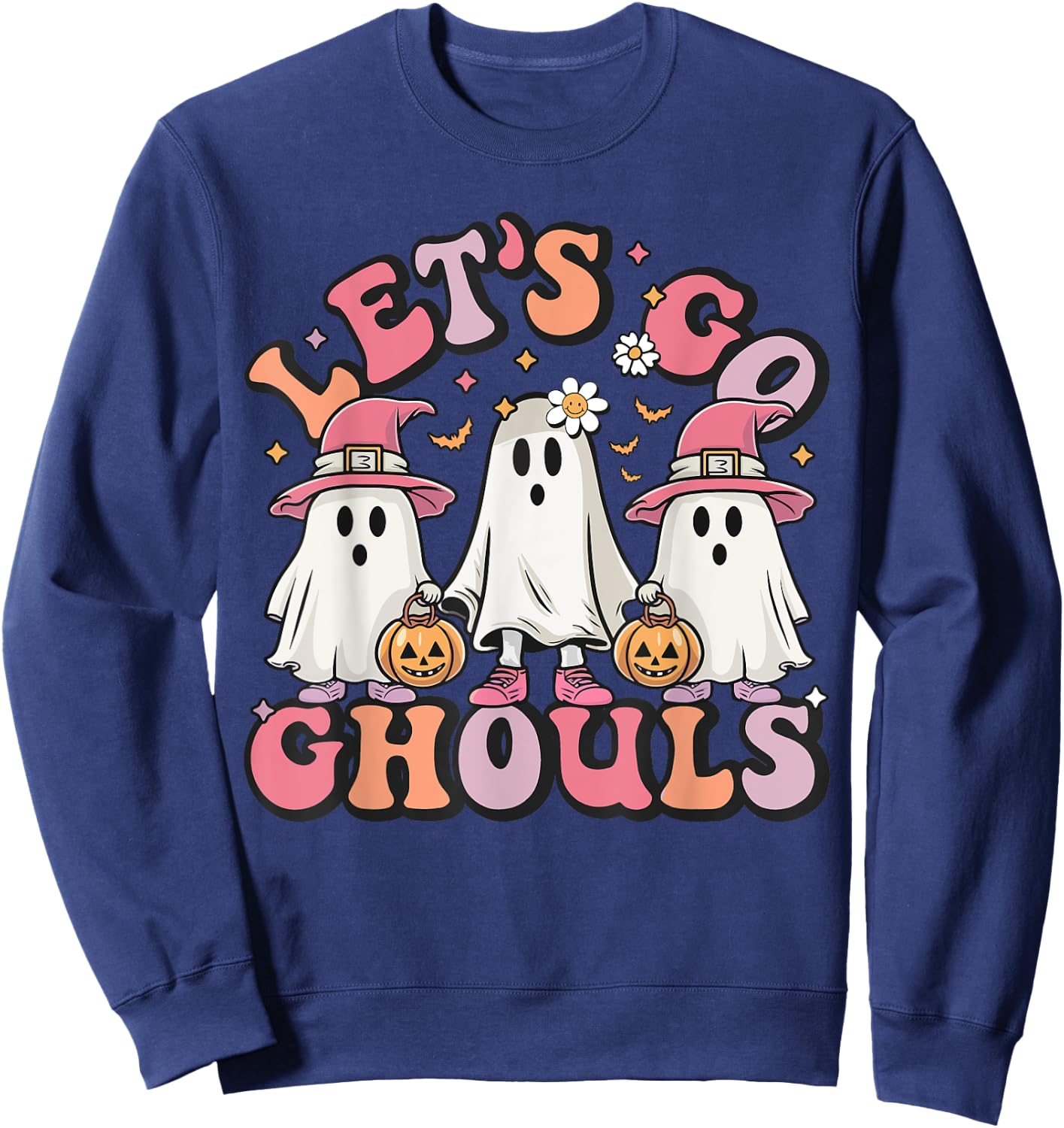 Women Let's Go Ghouls Halloween Ghost Costume Retro Groovy Sweatshirt - Sweatshirt | Navy