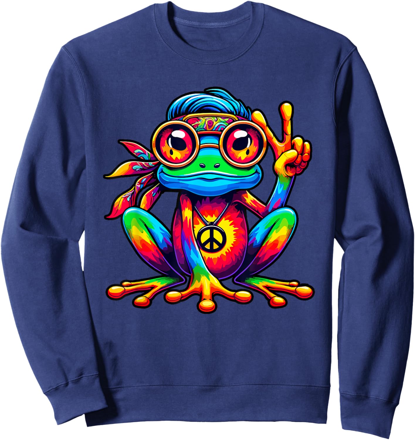 Tie-Dye Hippie Frog, Peace Sign, 70s Party & 60s Costume Sweatshirt - Sweatshirt | Navy
