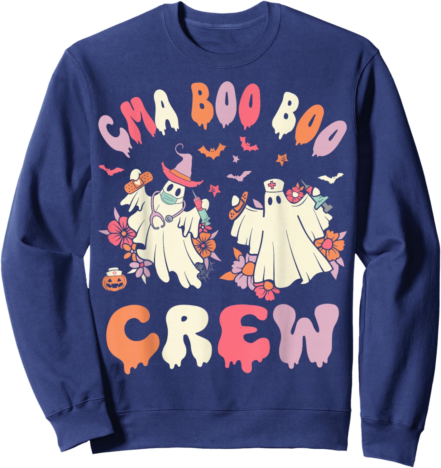 CMA Boo Crew Retro Halloween Ghost Nurse Sweatshirt - Sweatshirt | Navy