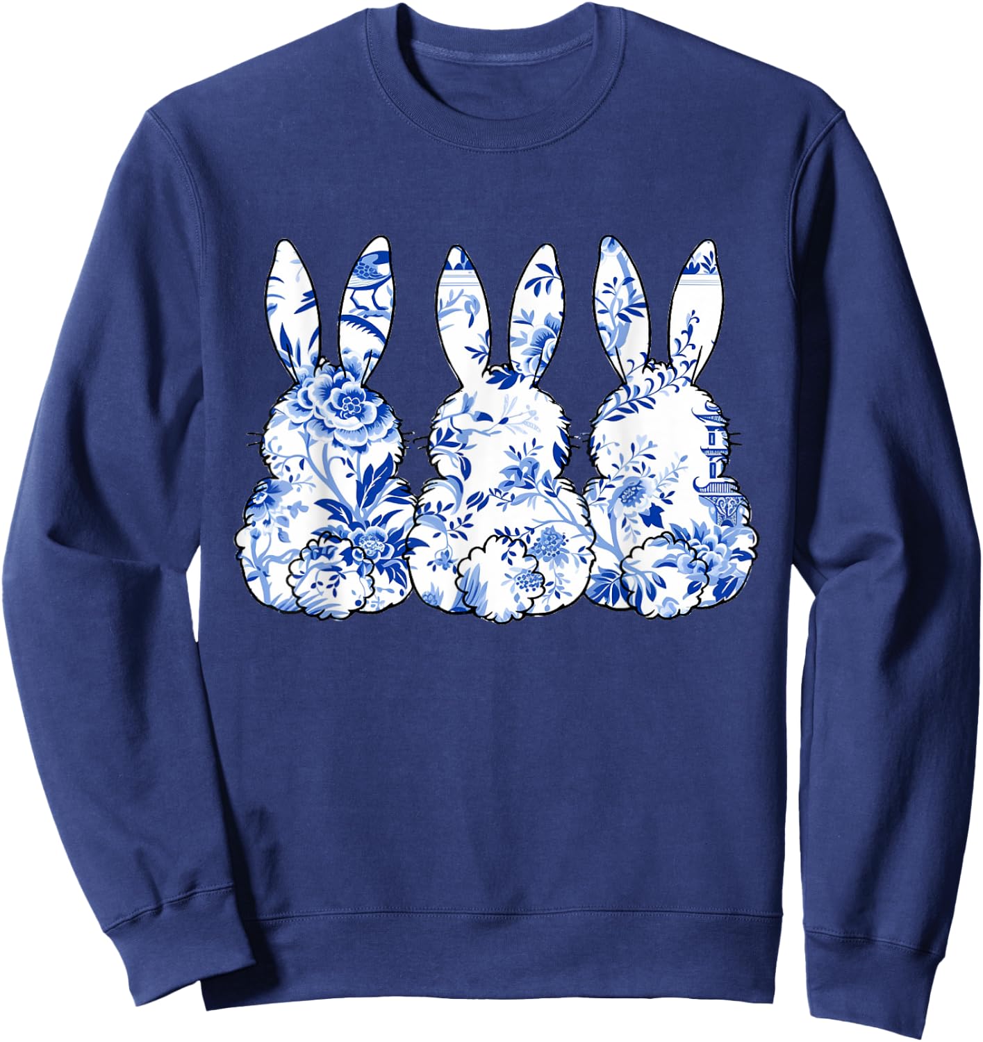 Chinoiserie Bunnies Blue and White Chinoiserie Florals women Sweatshirt - Sweatshirt | Navy