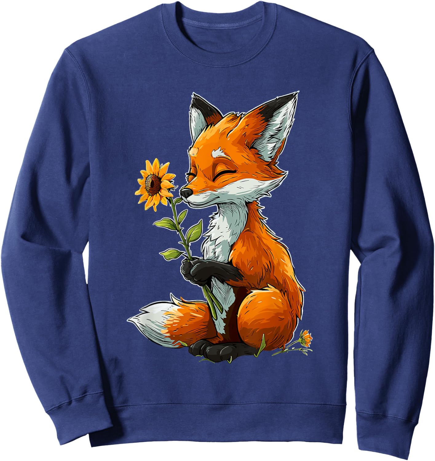 Red Fox Holding Sunflower Cute Red Fox Sweatshirt - Sweatshirt | Navy