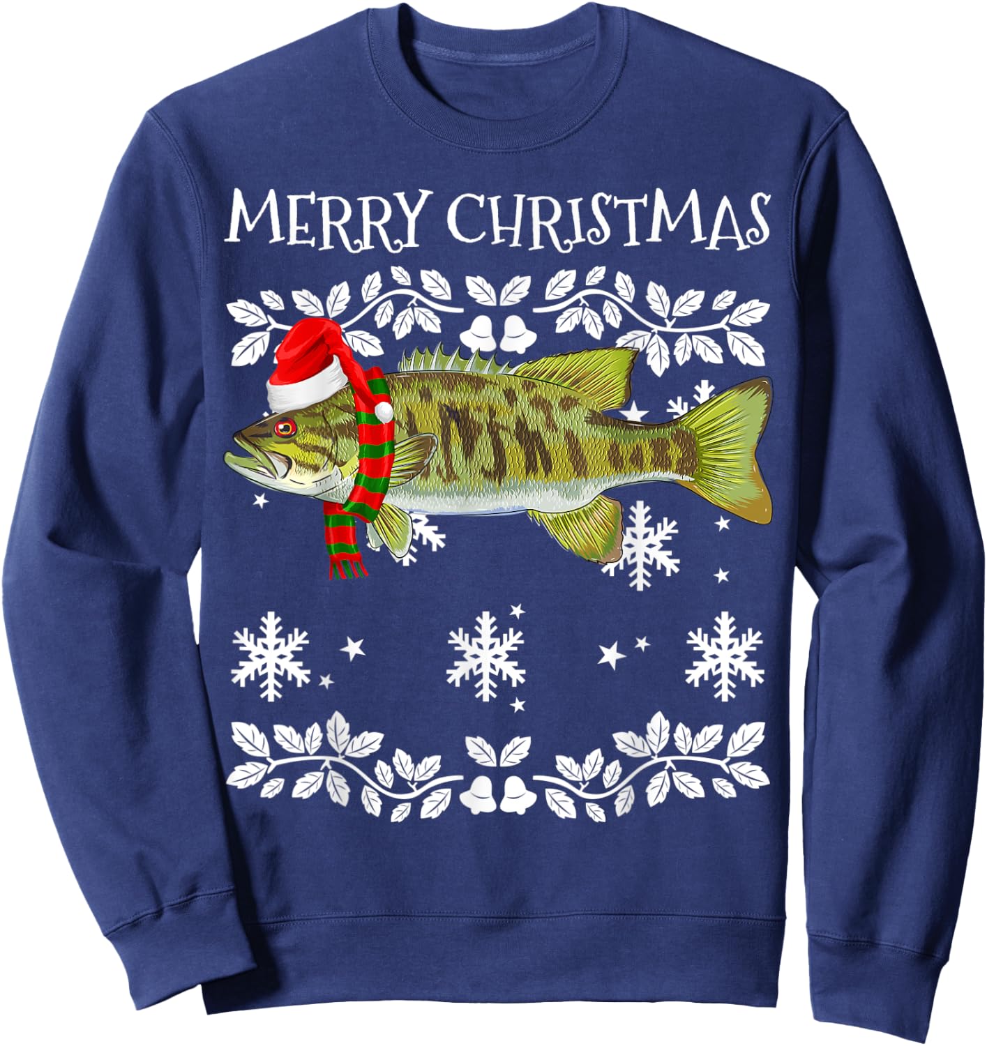 Fish Merry Christmas Ornament Smallmouth Bass Ugly Xmas Sweatshirt - Sweatshirt | Navy
