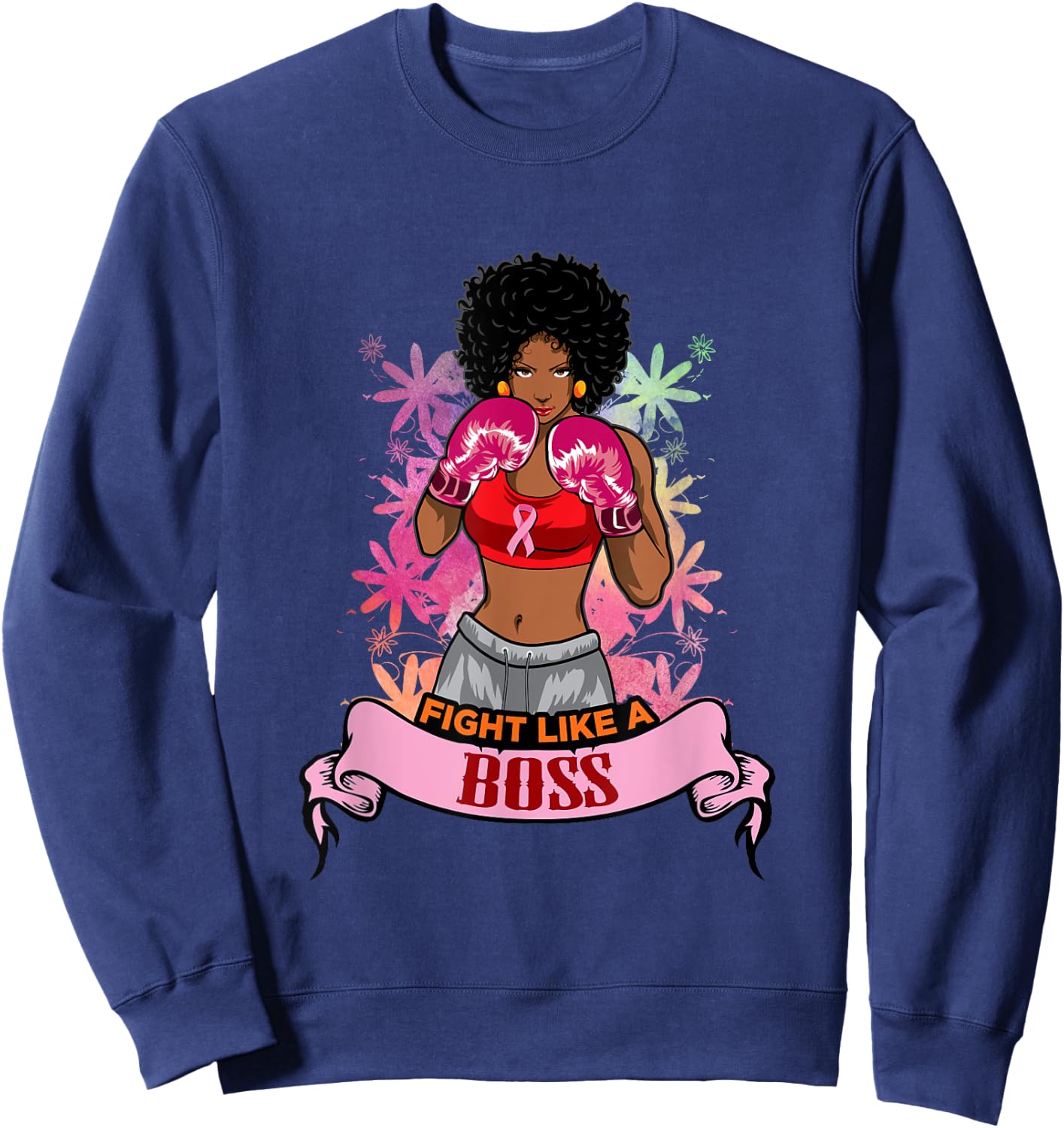 Black Girl Pink Warrior Breast Cancer Awareness Boxing Sweatshirt - Sweatshirt | Navy