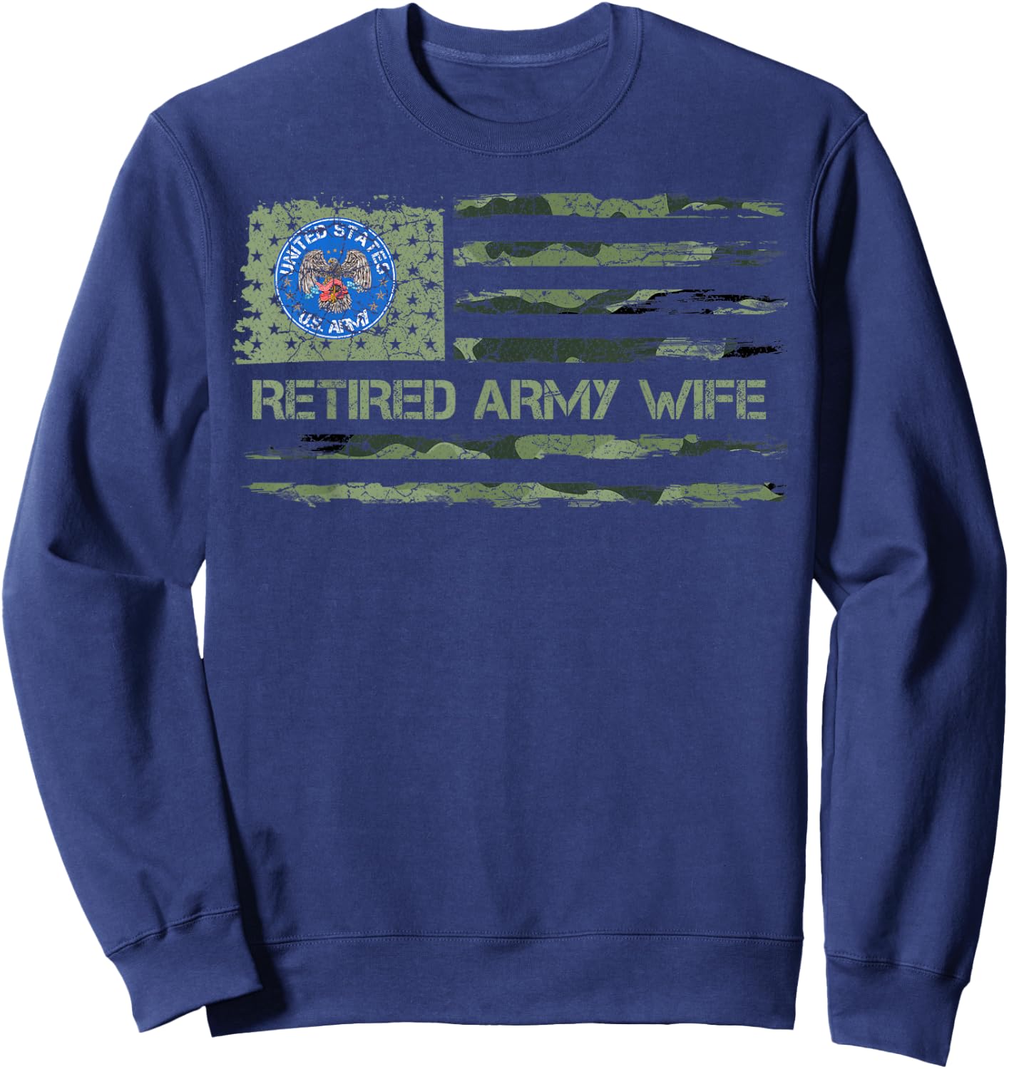 Vintage USA American Camo Flag Retired US Army Veteran Wife Sweatshirt - Sweatshirt | Navy