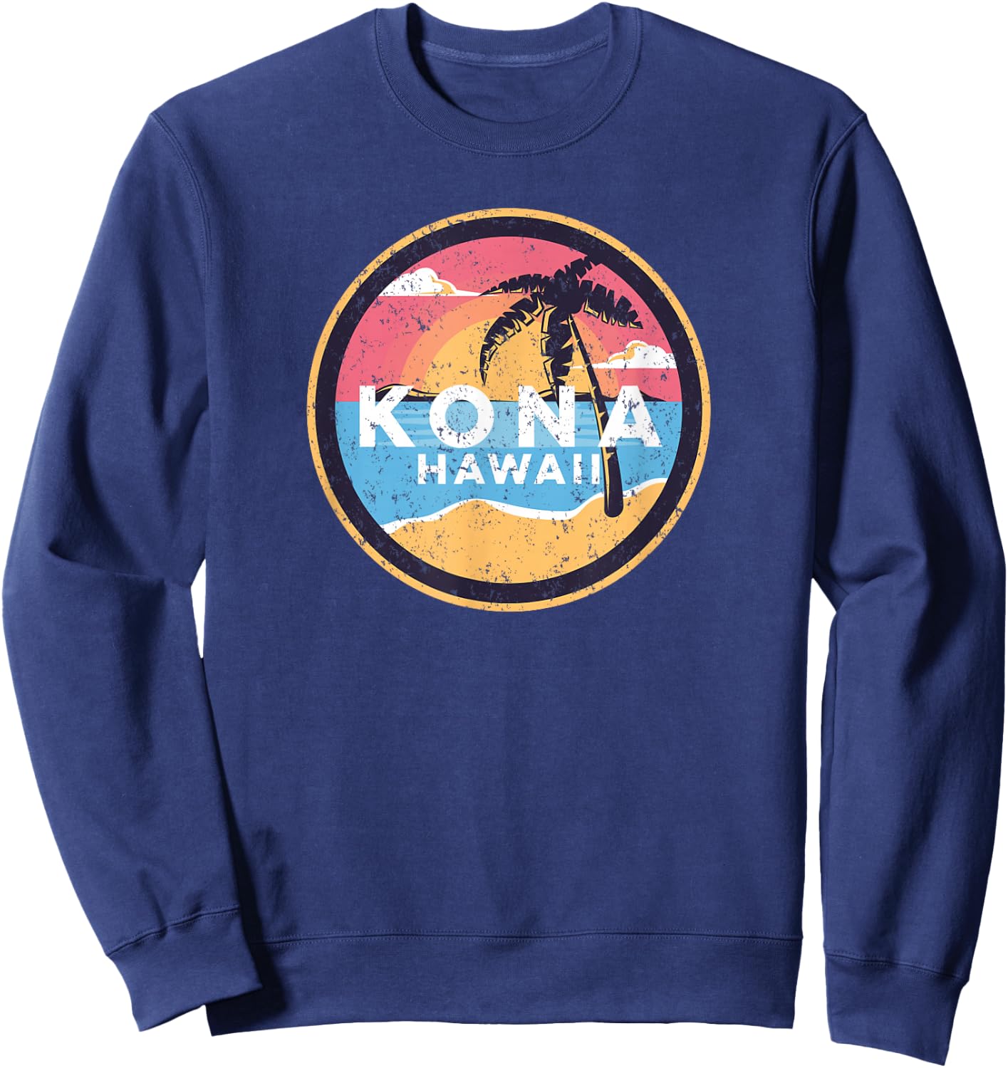 Kona Hawaii Vintage Distressed Surfer Beach Palm Tree Sunset Sweatshirt - Sweatshirt | Navy