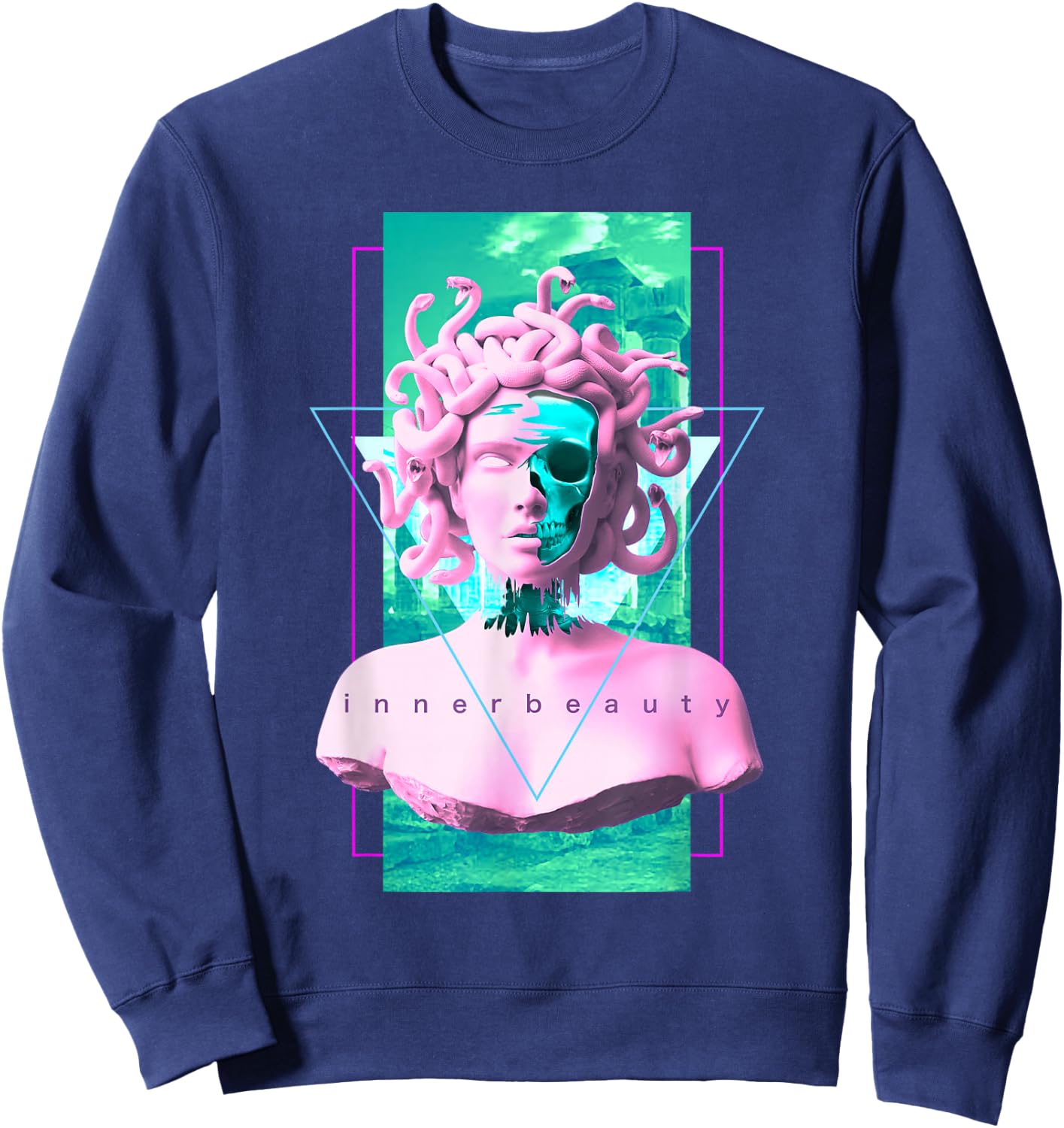 Vaporwave Medusa Skull Statue Aesthetic Art Retro Sweatshirt - Sweatshirt | Navy